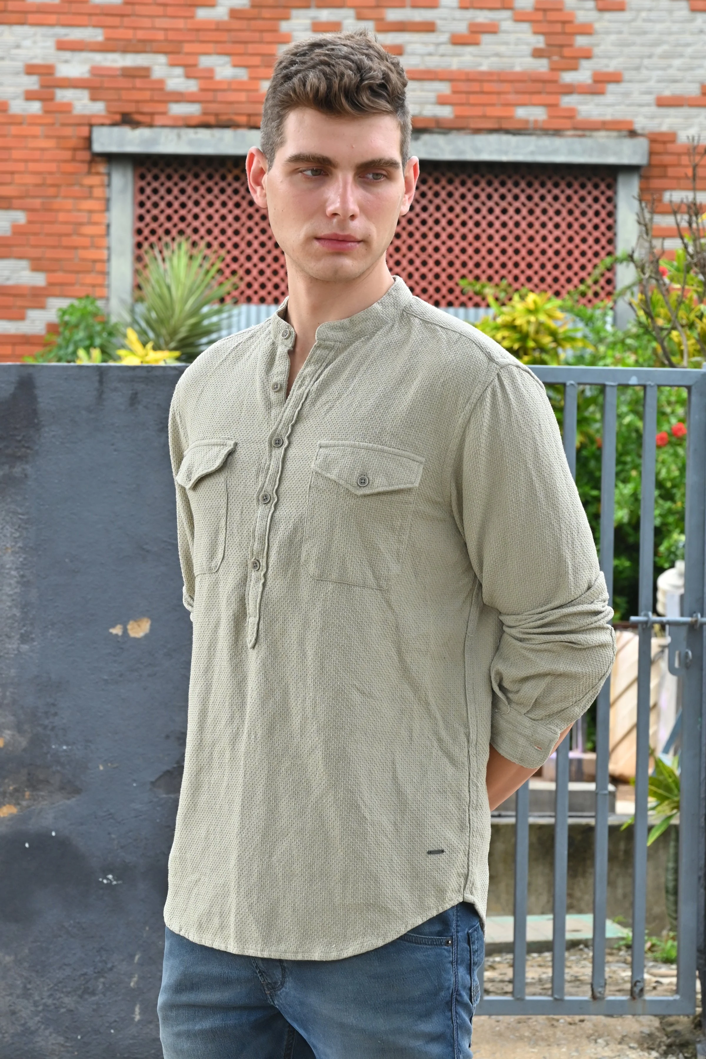Men Joshua Textured Kurta Pocketed Shirt Pista - Image 5