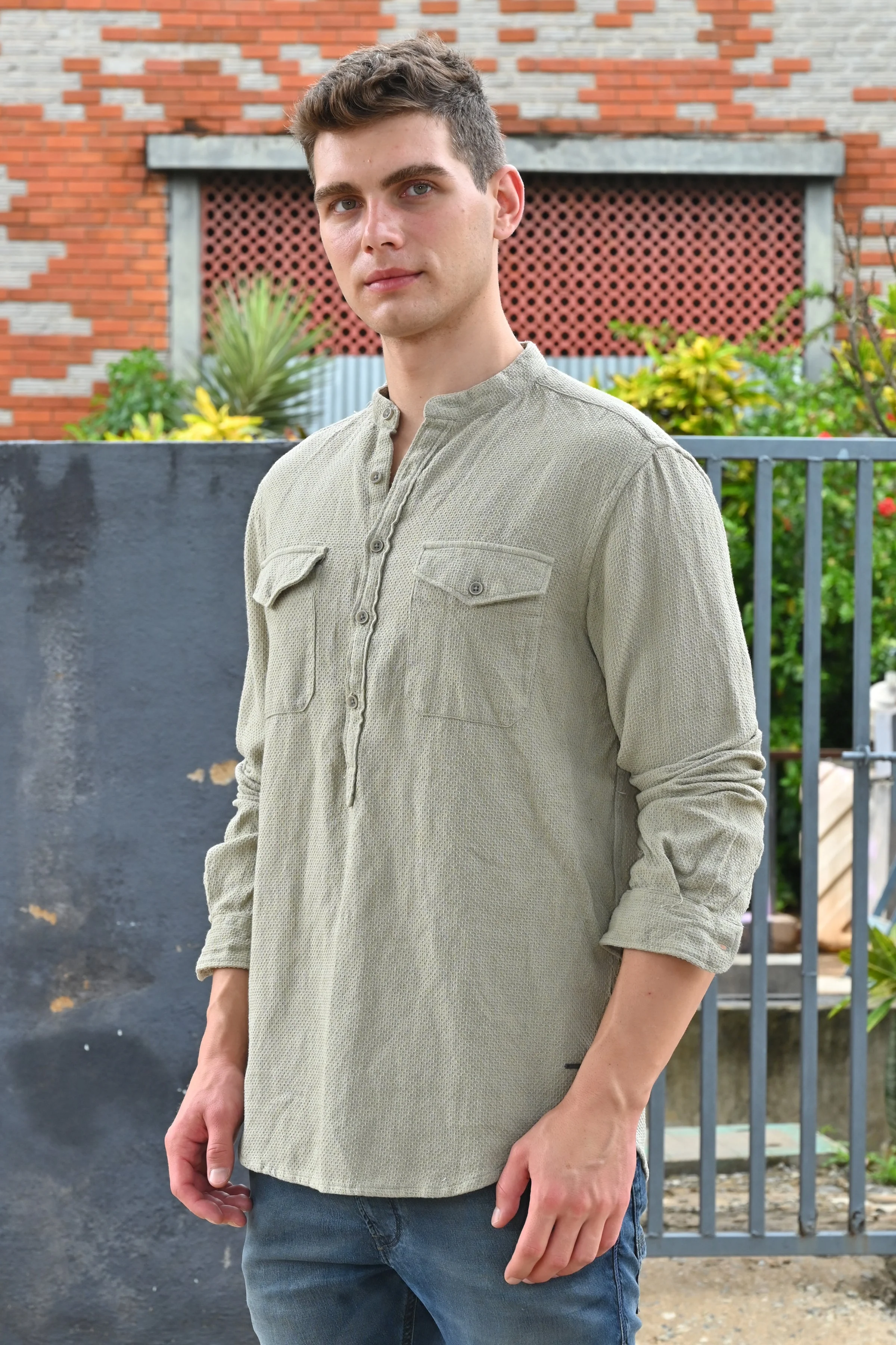 Men Joshua Textured Kurta Pocketed Shirt Pista - Image 6