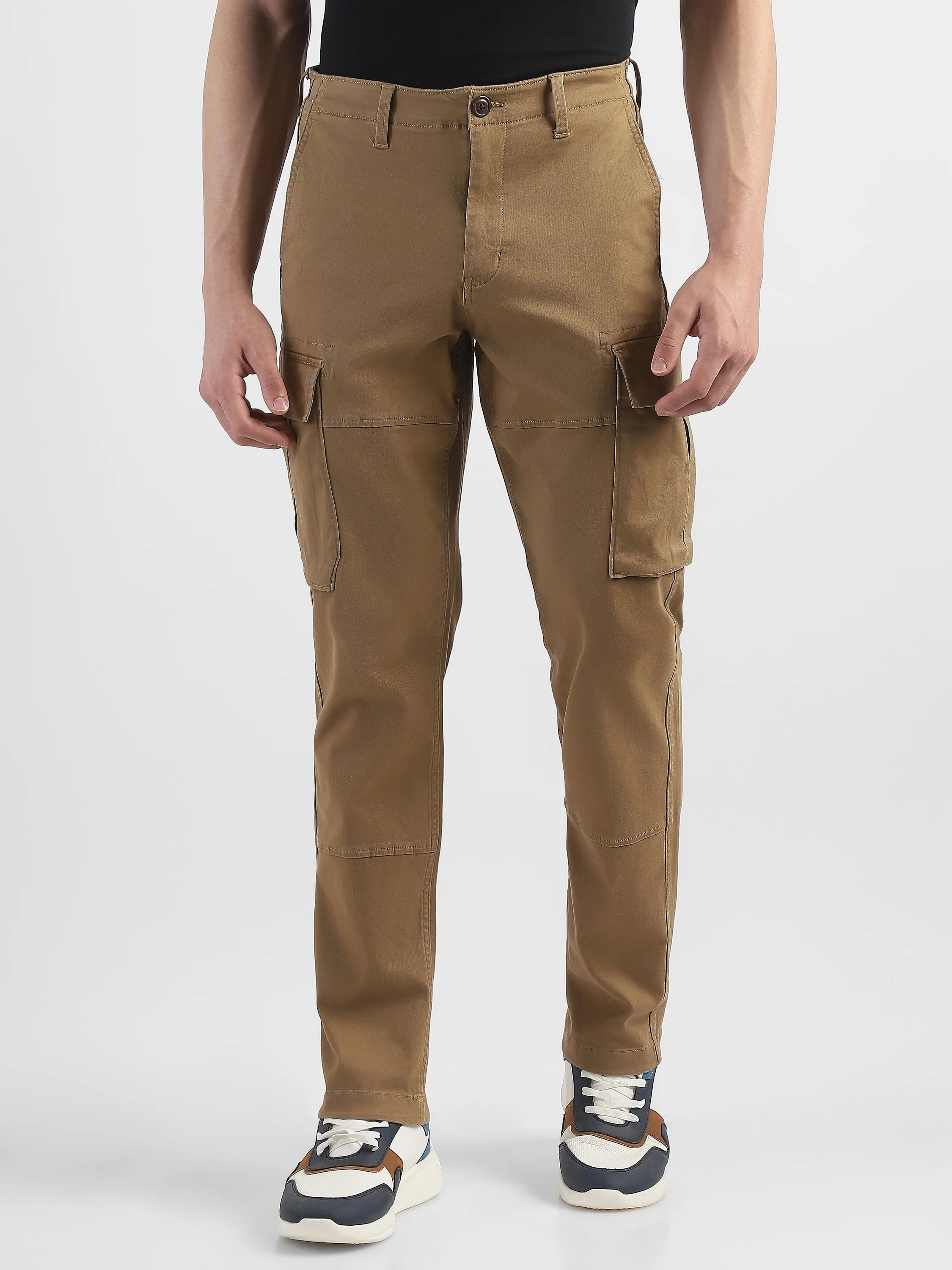 Men Khaki Cotton Mid Rise Cargo Pants - Image 2