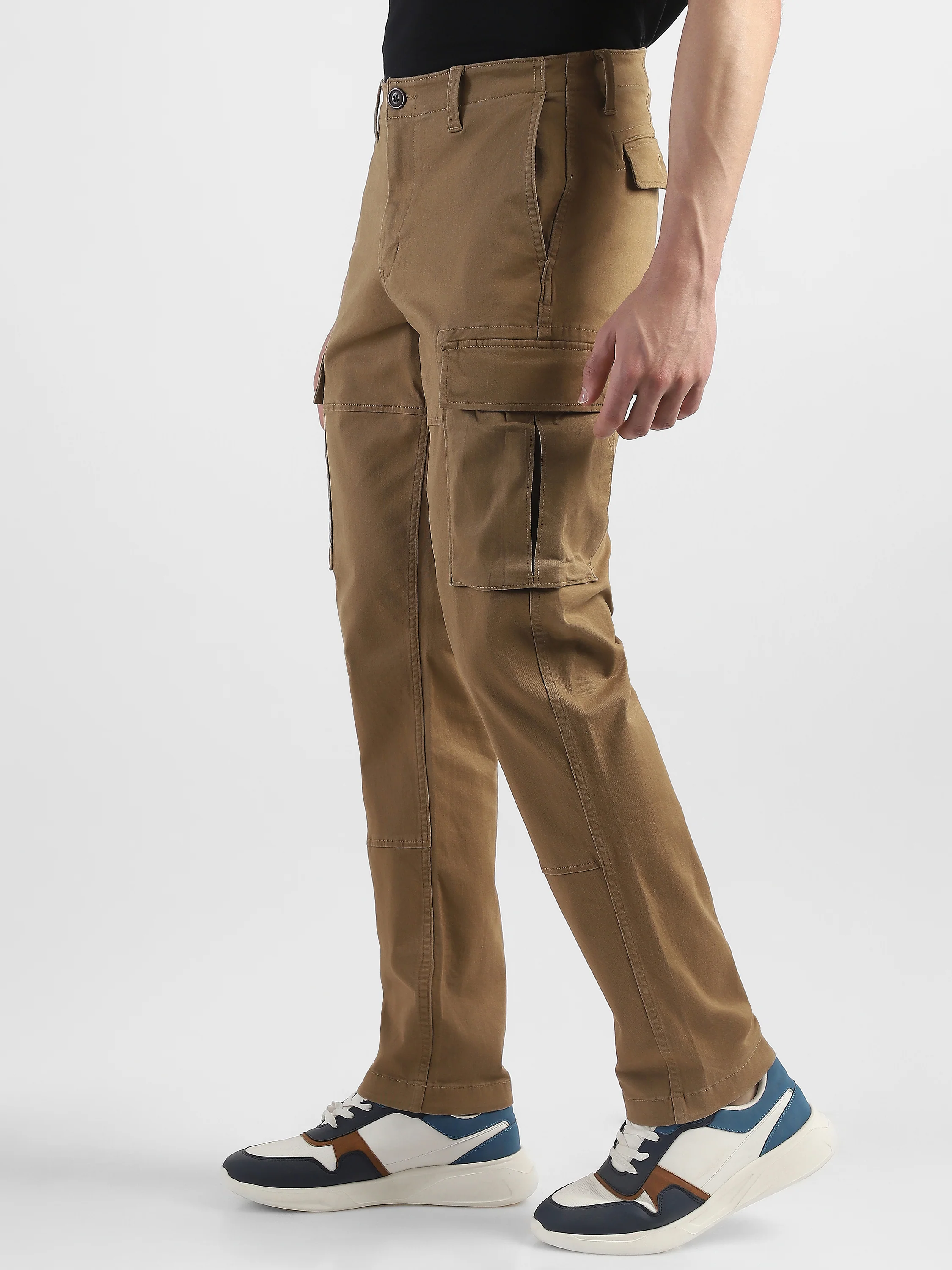 Men Khaki Cotton Mid Rise Cargo Pants - Image 5
