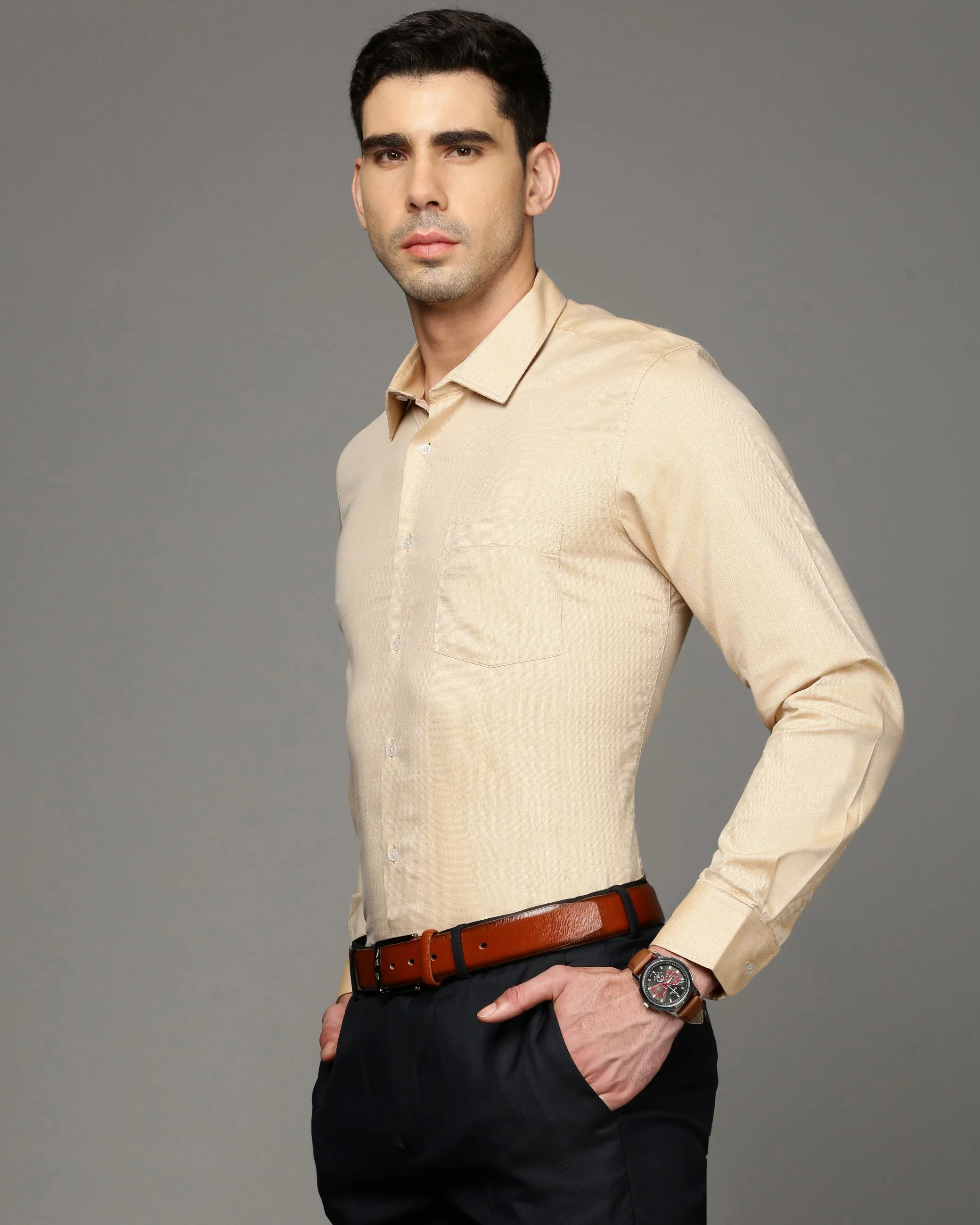Men Khaki Cotton Blend Slim Shirt - Image 3