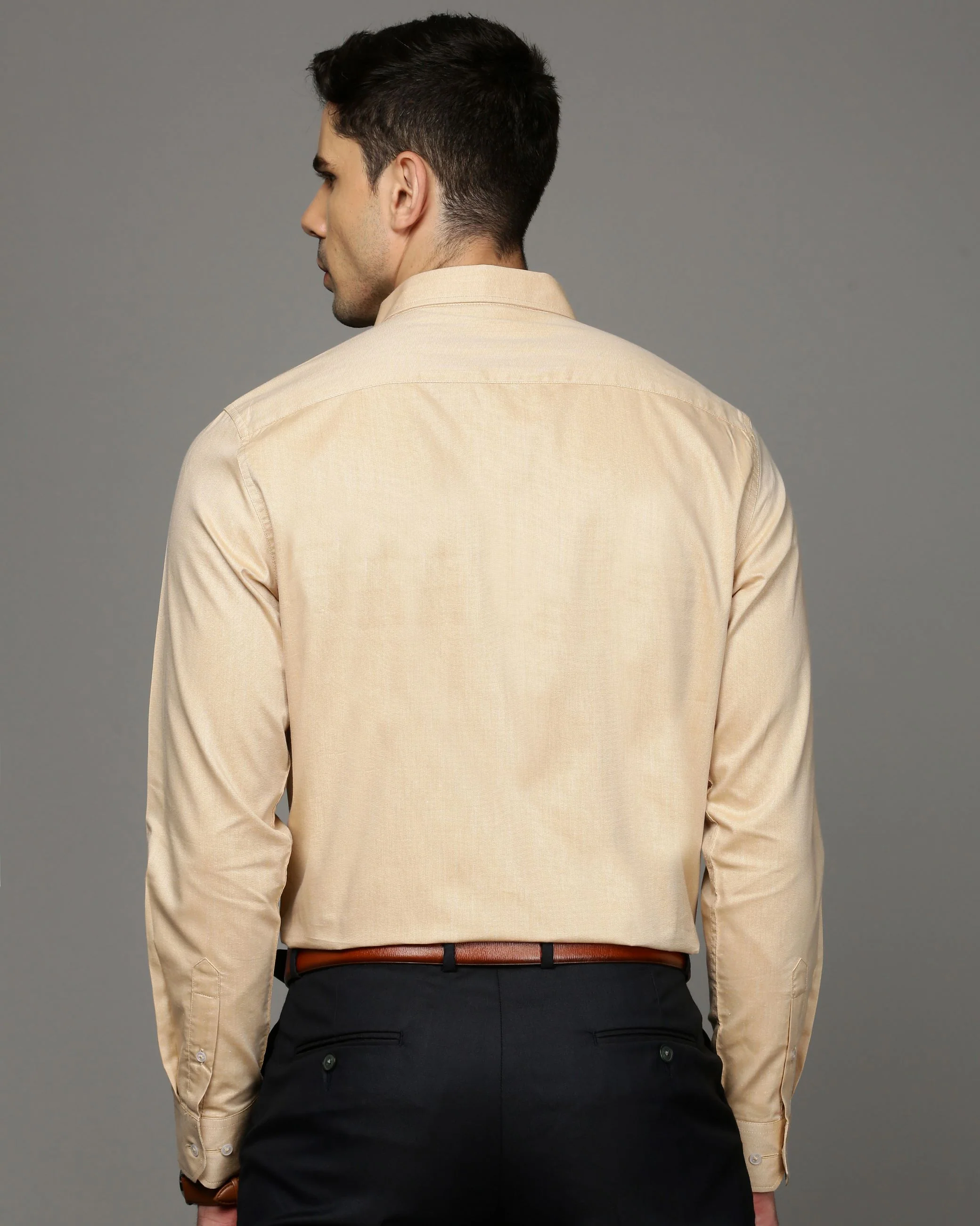 Men Khaki Cotton Blend Slim Shirt - Image 4