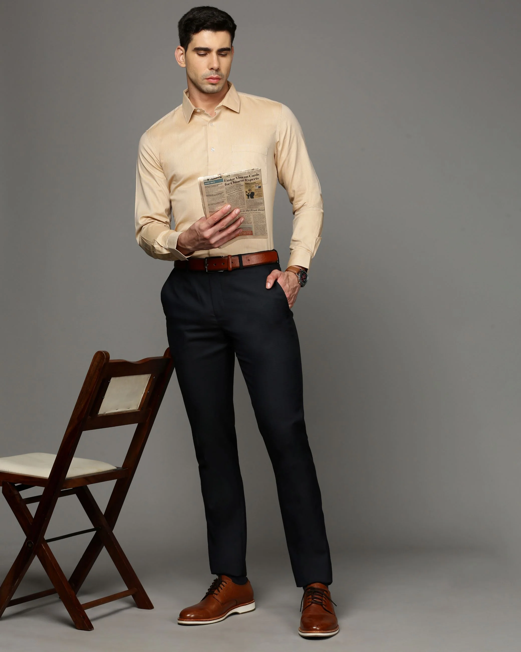 Men Khaki Cotton Blend Slim Shirt - Image 5