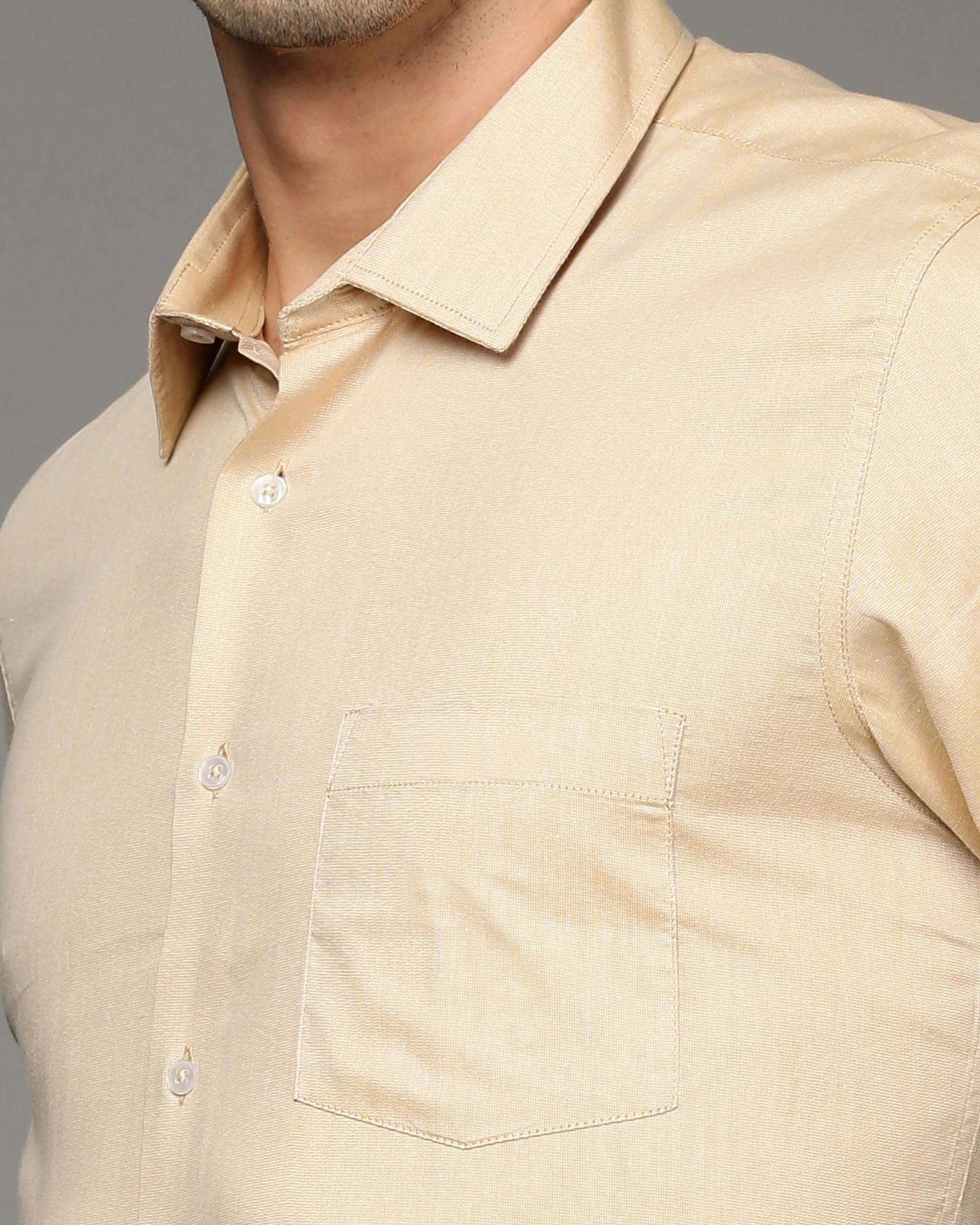 Men Khaki Cotton Blend Slim Shirt - Image 6
