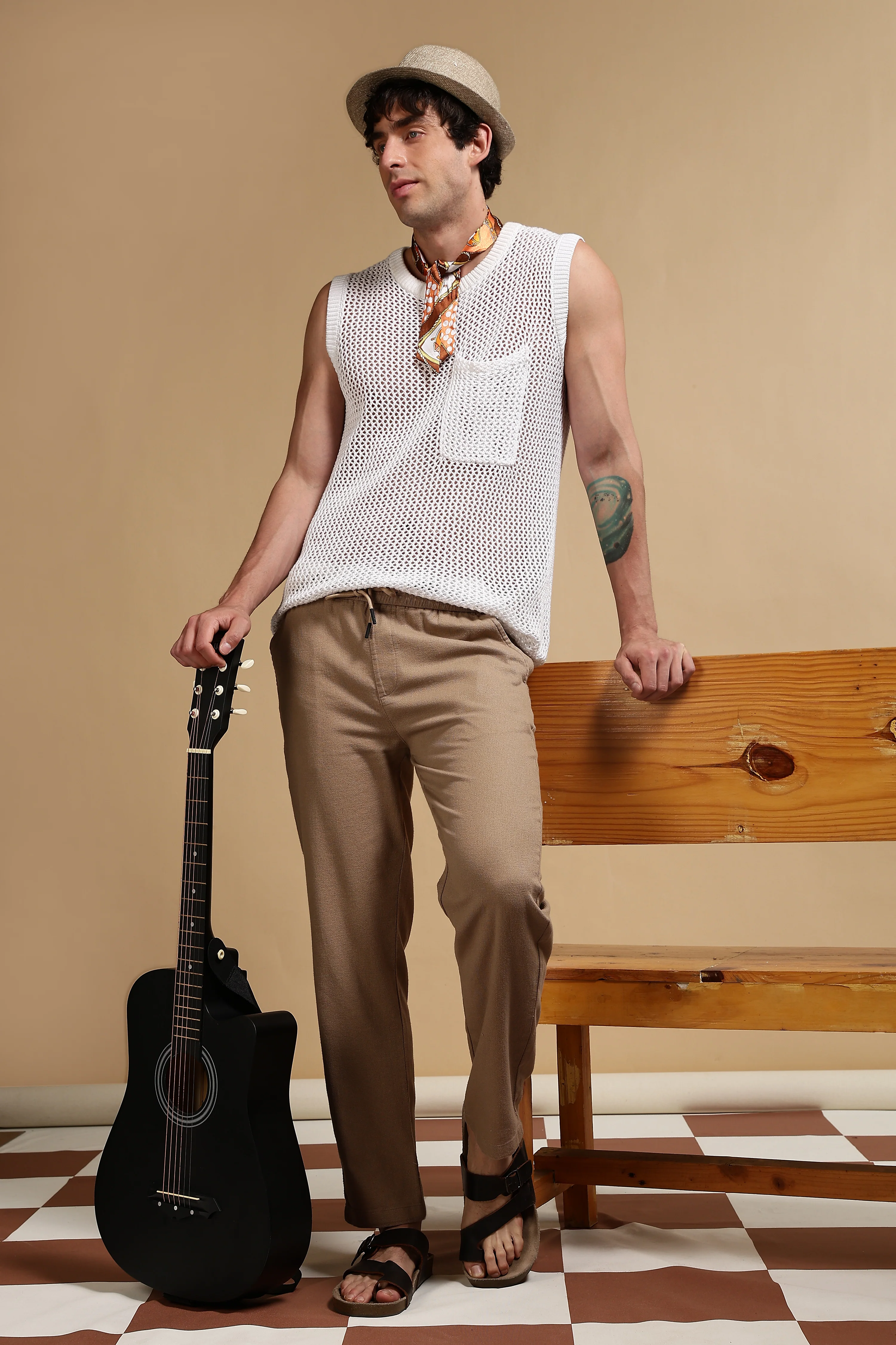 Men Khaki Cotton Loose Fit Drawcord Pants - Image 2