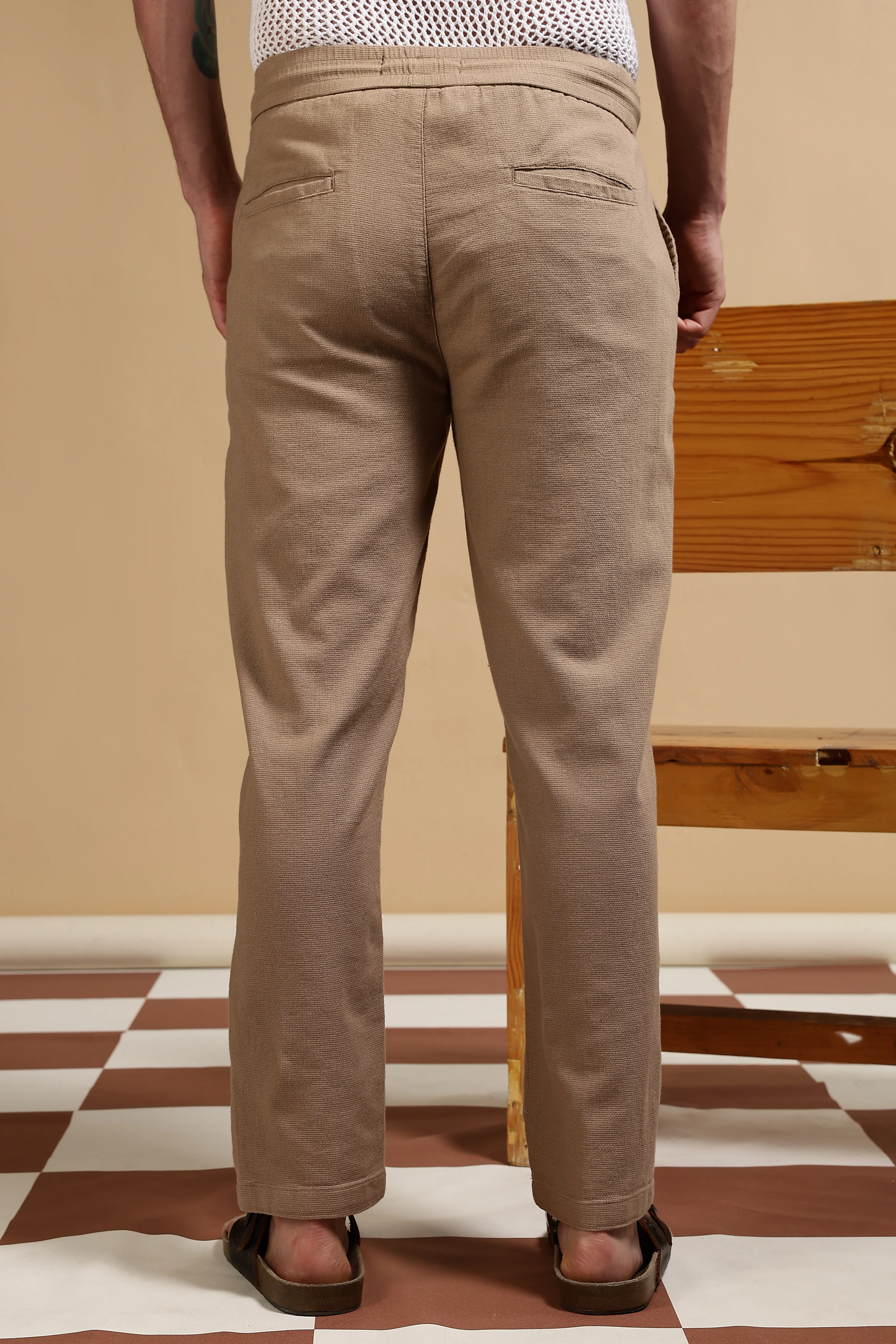 Men Khaki Cotton Loose Fit Drawcord Pants - Image 5
