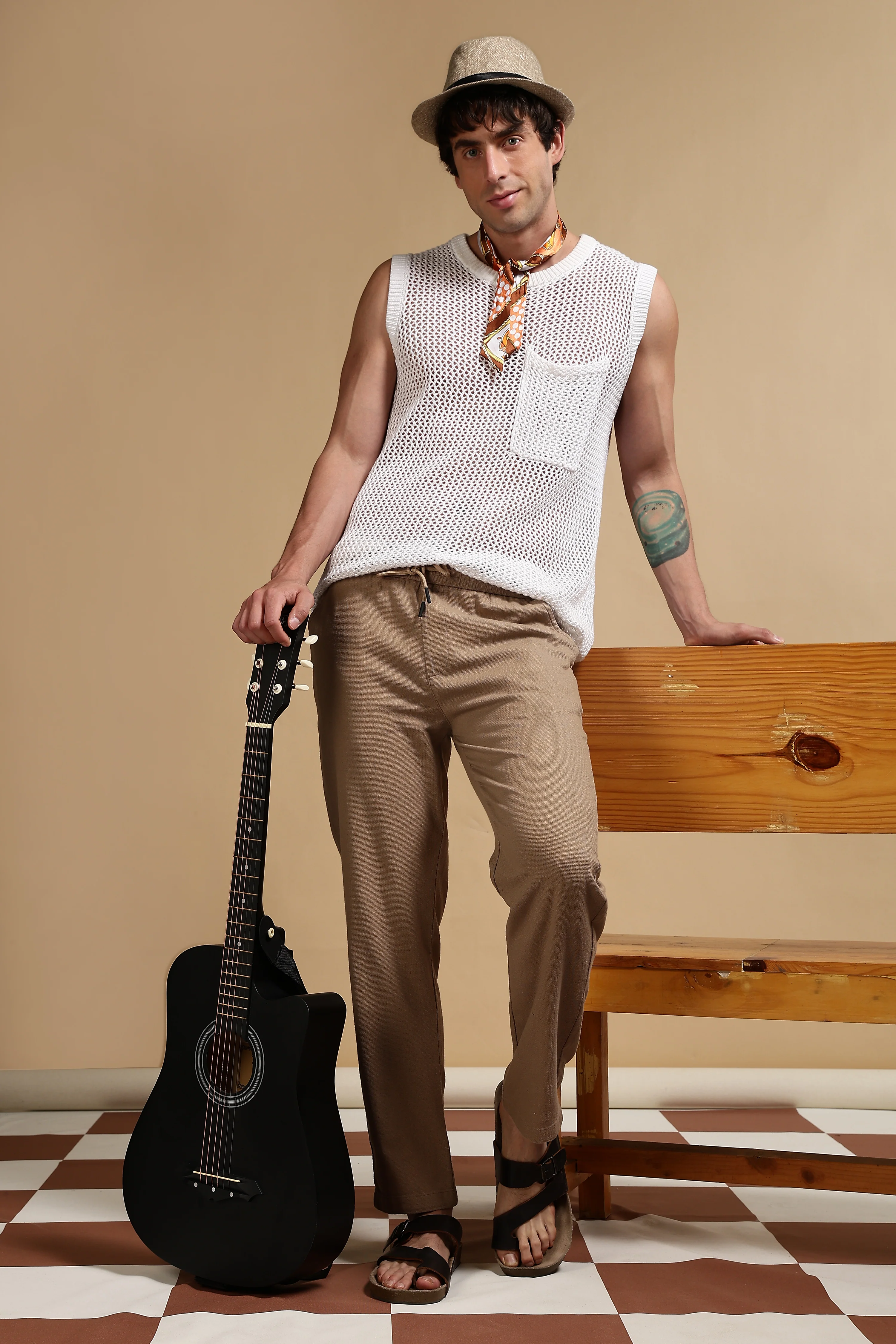 Men Khaki Cotton Loose Fit Drawcord Pants - Image 6
