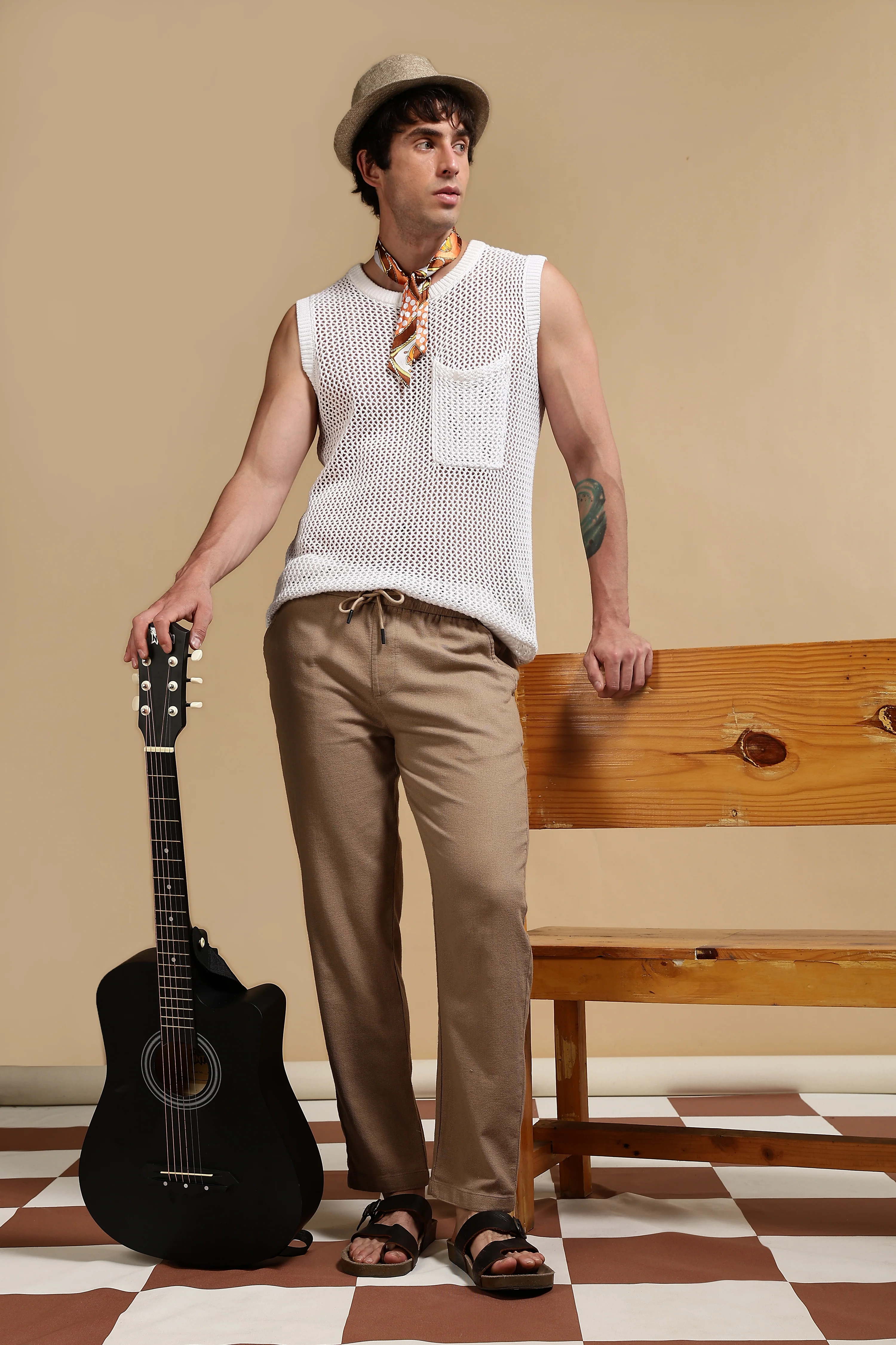 Men Khaki Cotton Loose Fit Drawcord Pants - Image 8