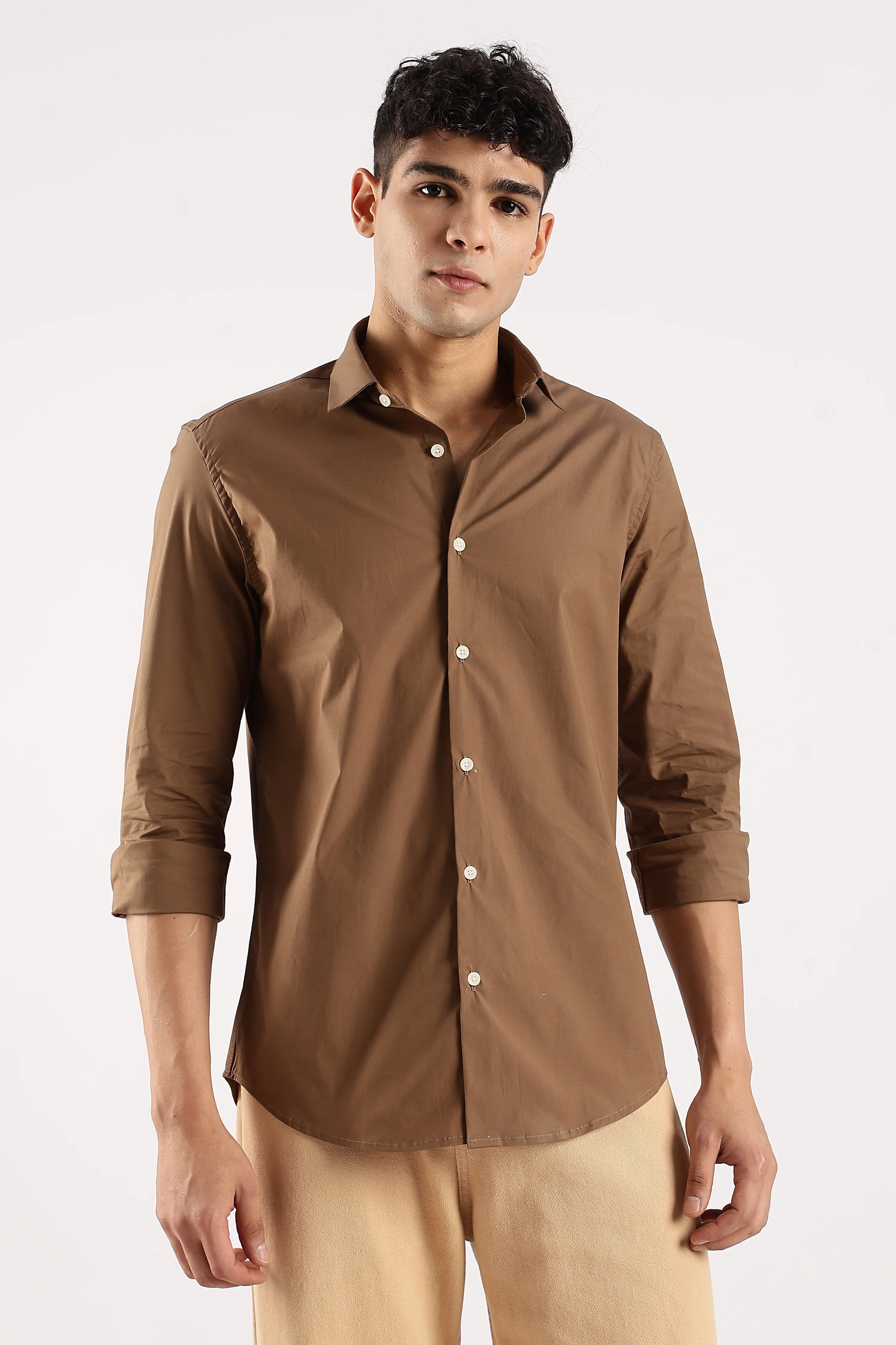 Men Khaki Cotton Lycra Shirt - Image 3