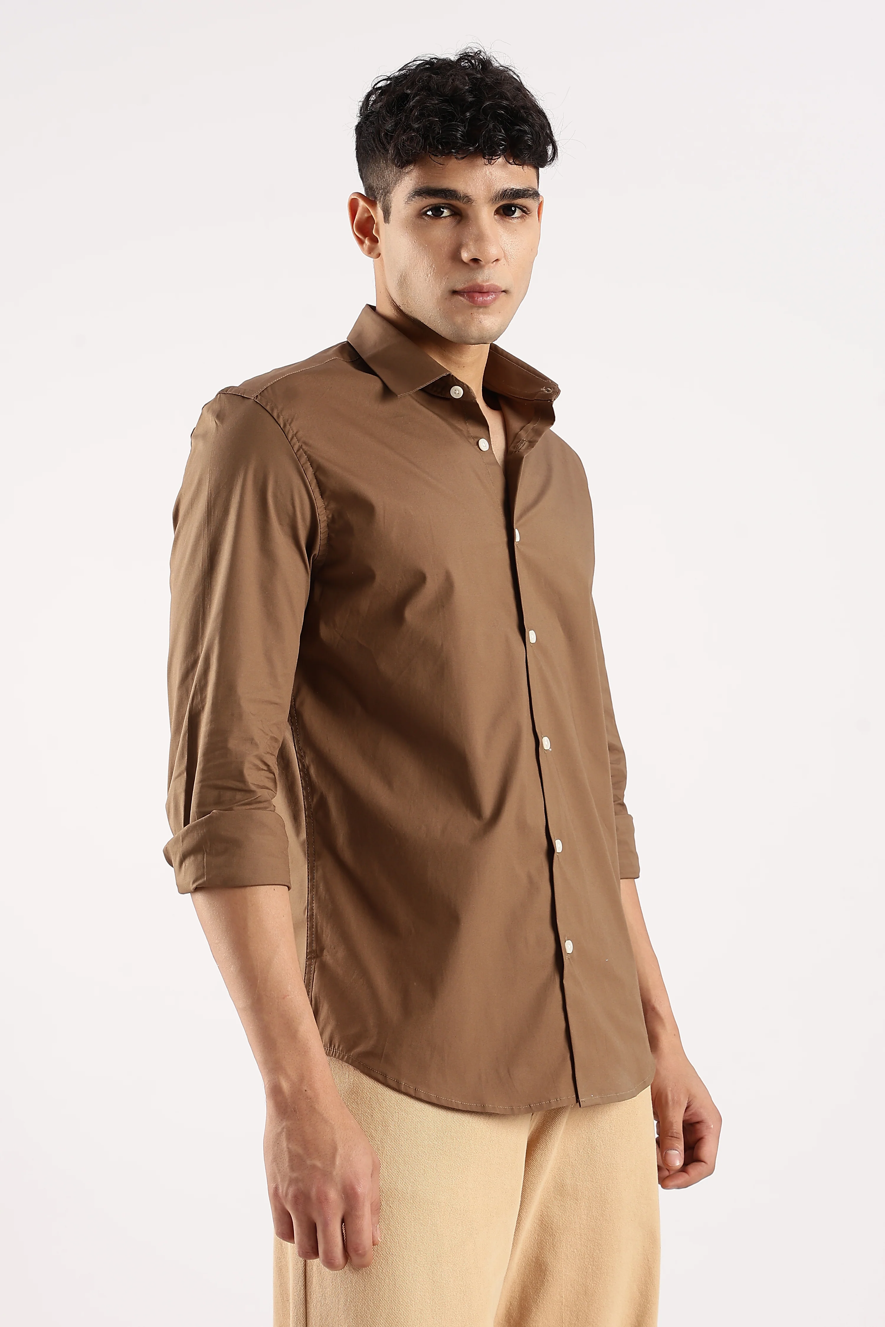 Men Khaki Cotton Lycra Shirt - Image 4