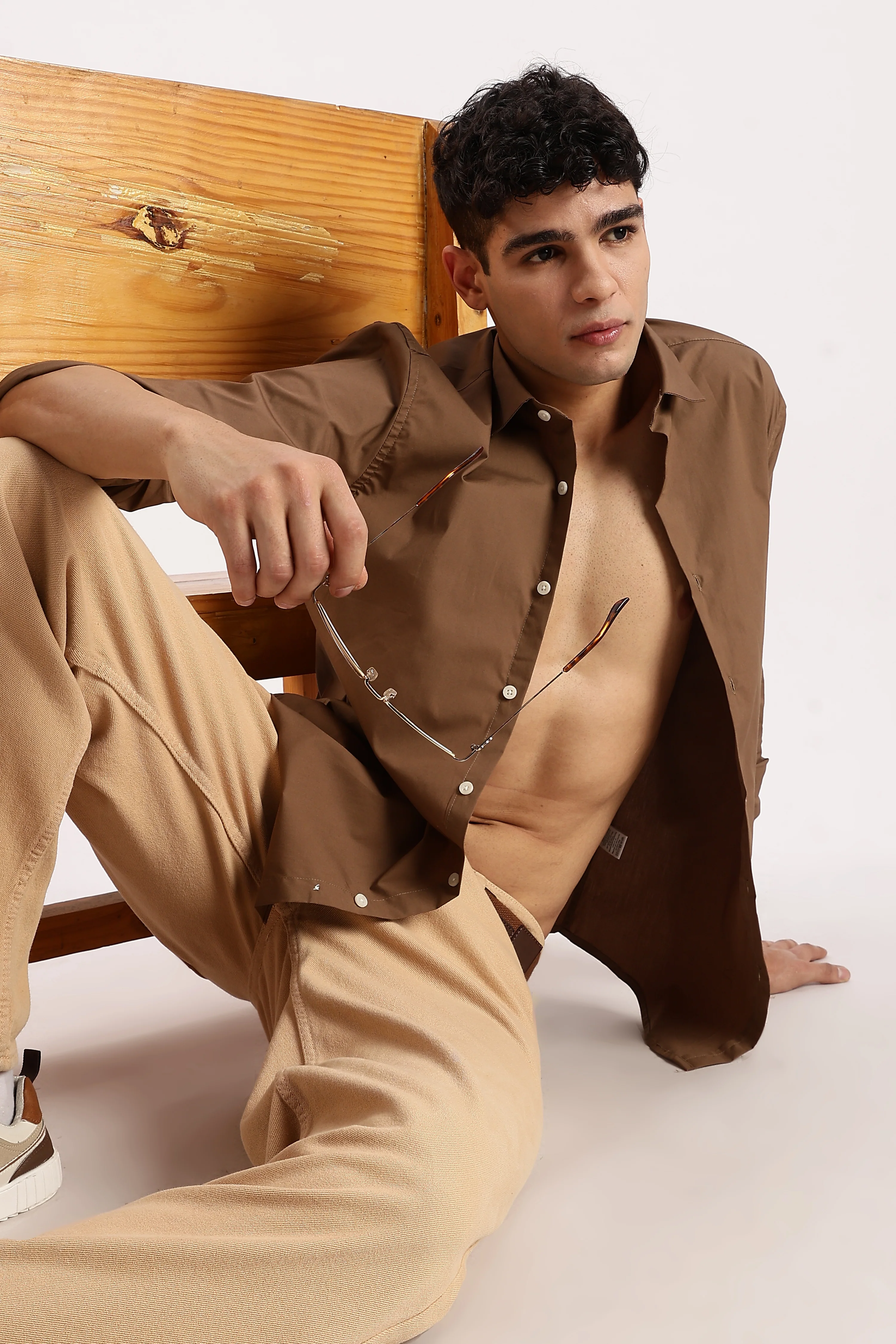 Men Khaki Cotton Lycra Shirt - Image 7