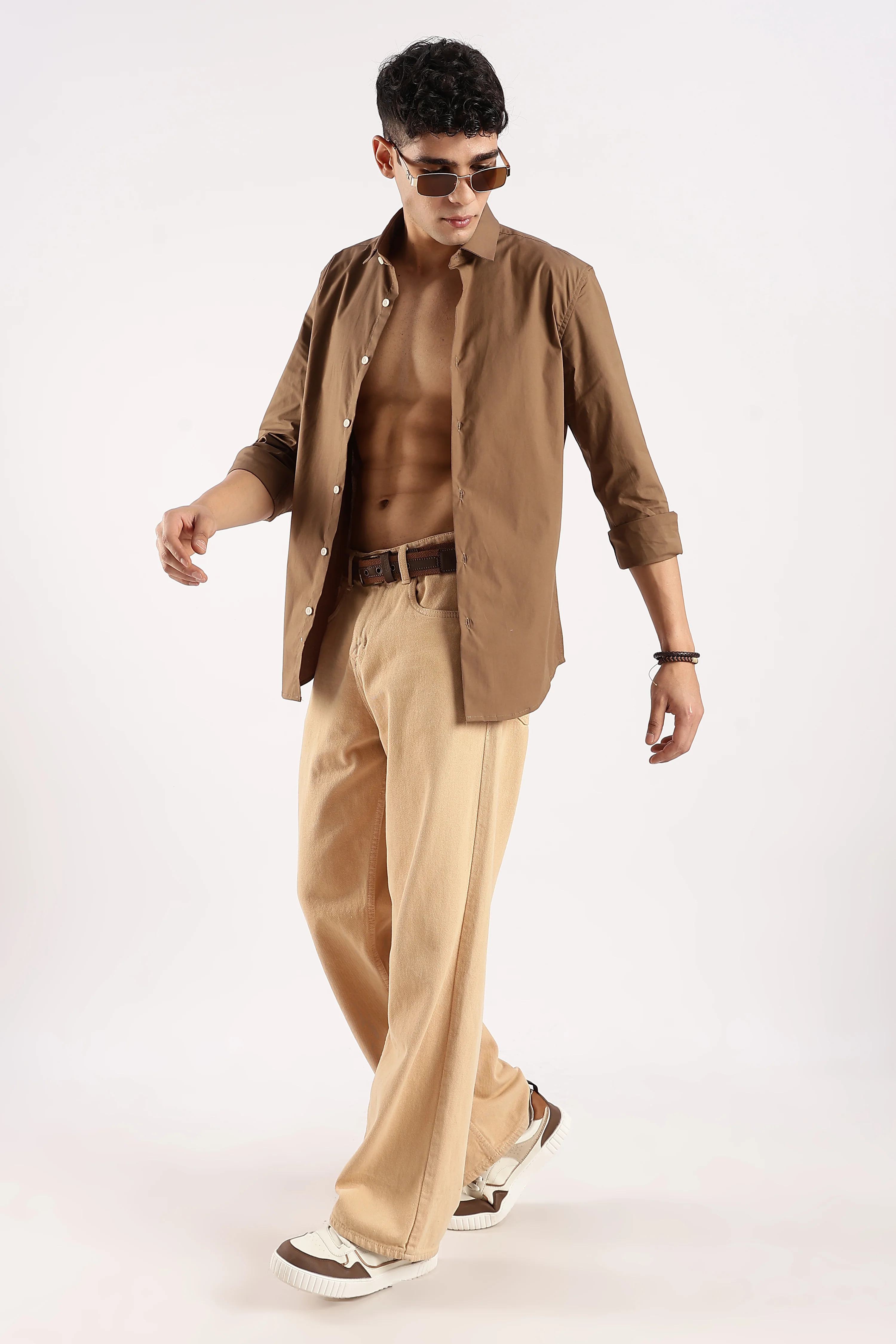 Men Khaki Cotton Lycra Shirt - Image 8