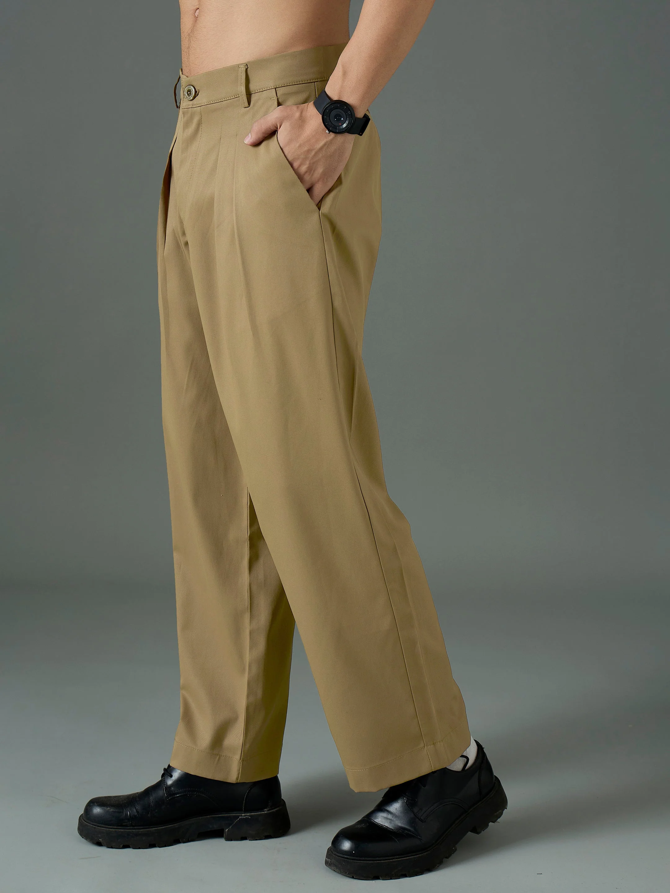 Men Khaki Front Pleat Relax Fit Korean Trouser - Image 4