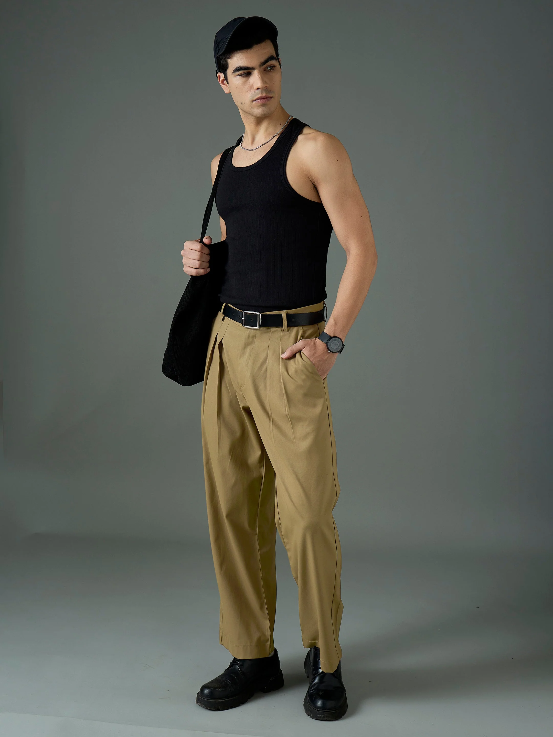 Men Khaki Front Pleat Relax Fit Korean Trouser - Image 5