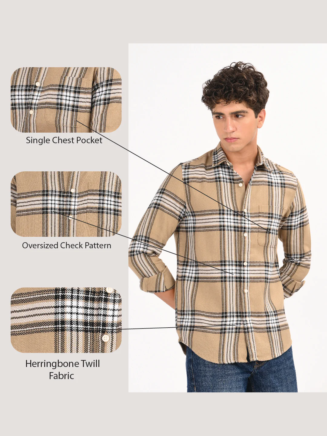 Men Khaki Herringbone Checked Shirt - Image 13