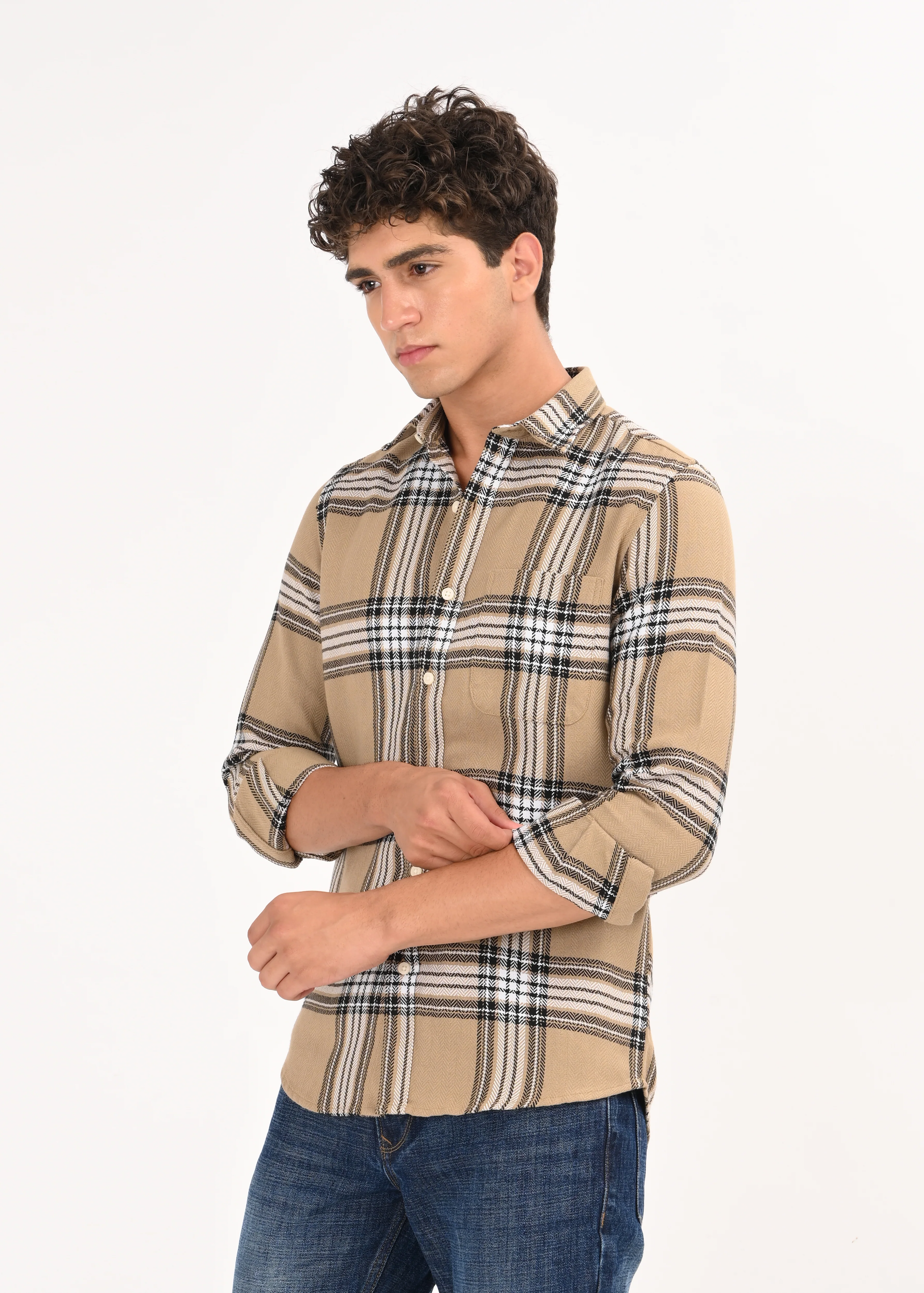 Men Khaki Herringbone Checked Shirt - Image 2