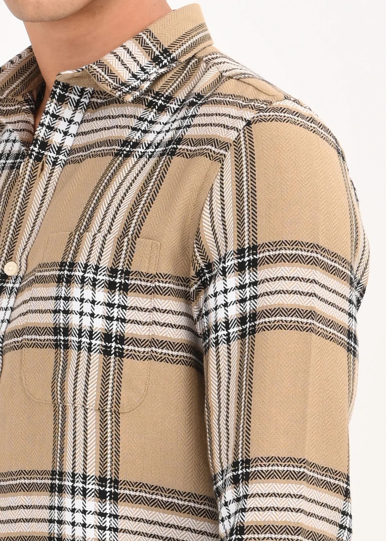Men Khaki Herringbone Checked Shirt - Image 3