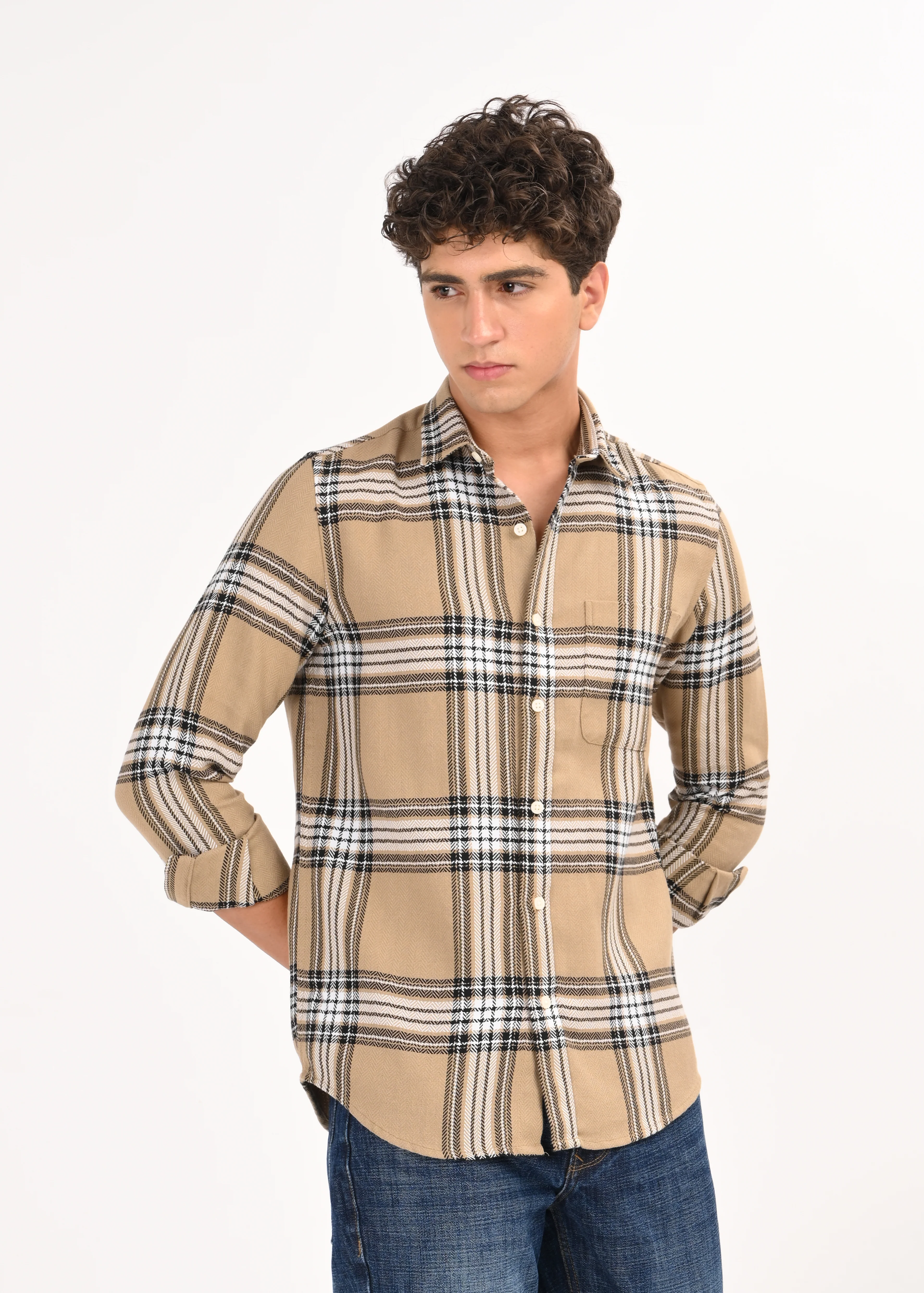 Men Khaki Herringbone Checked Shirt - Image 4