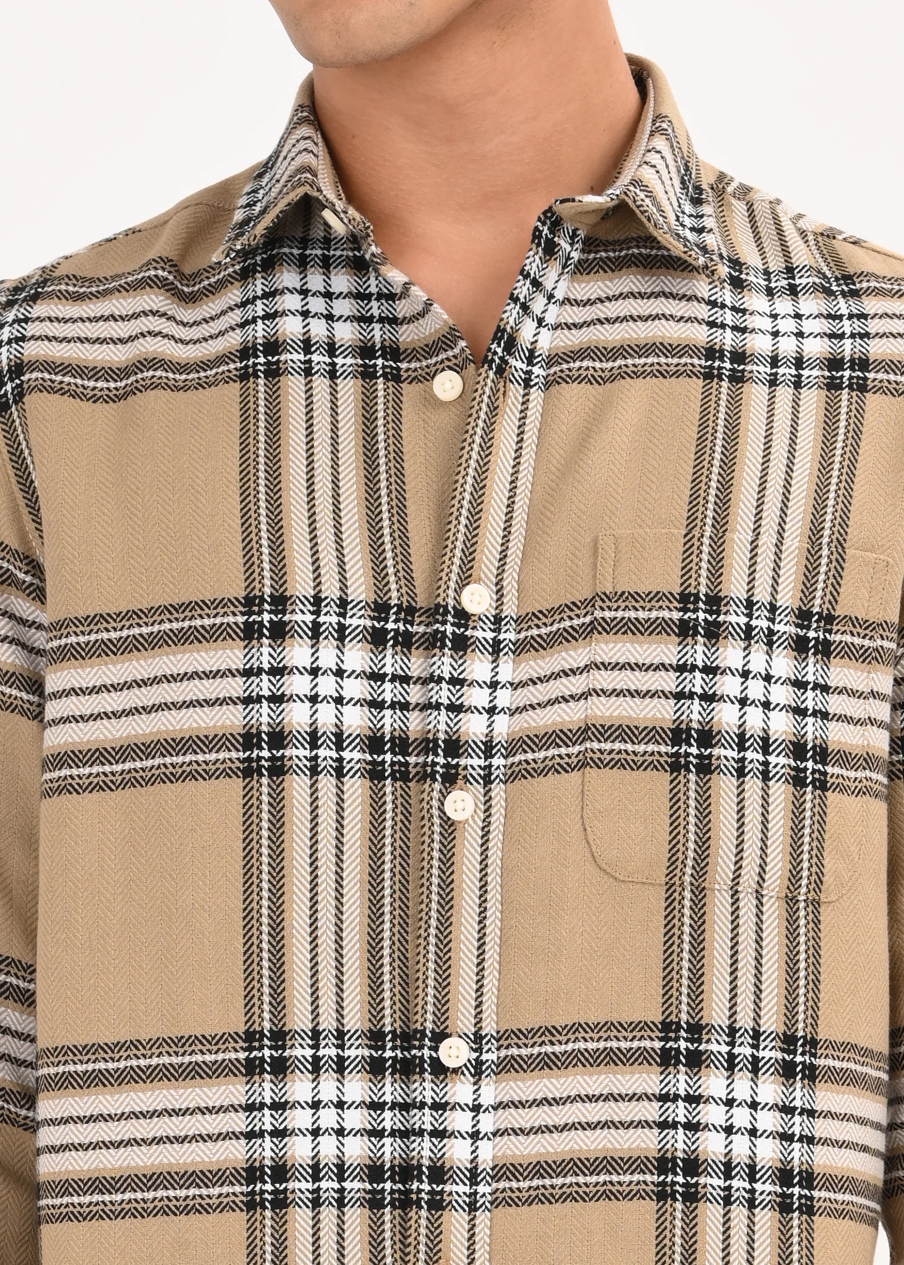 Men Khaki Herringbone Checked Shirt - Image 5
