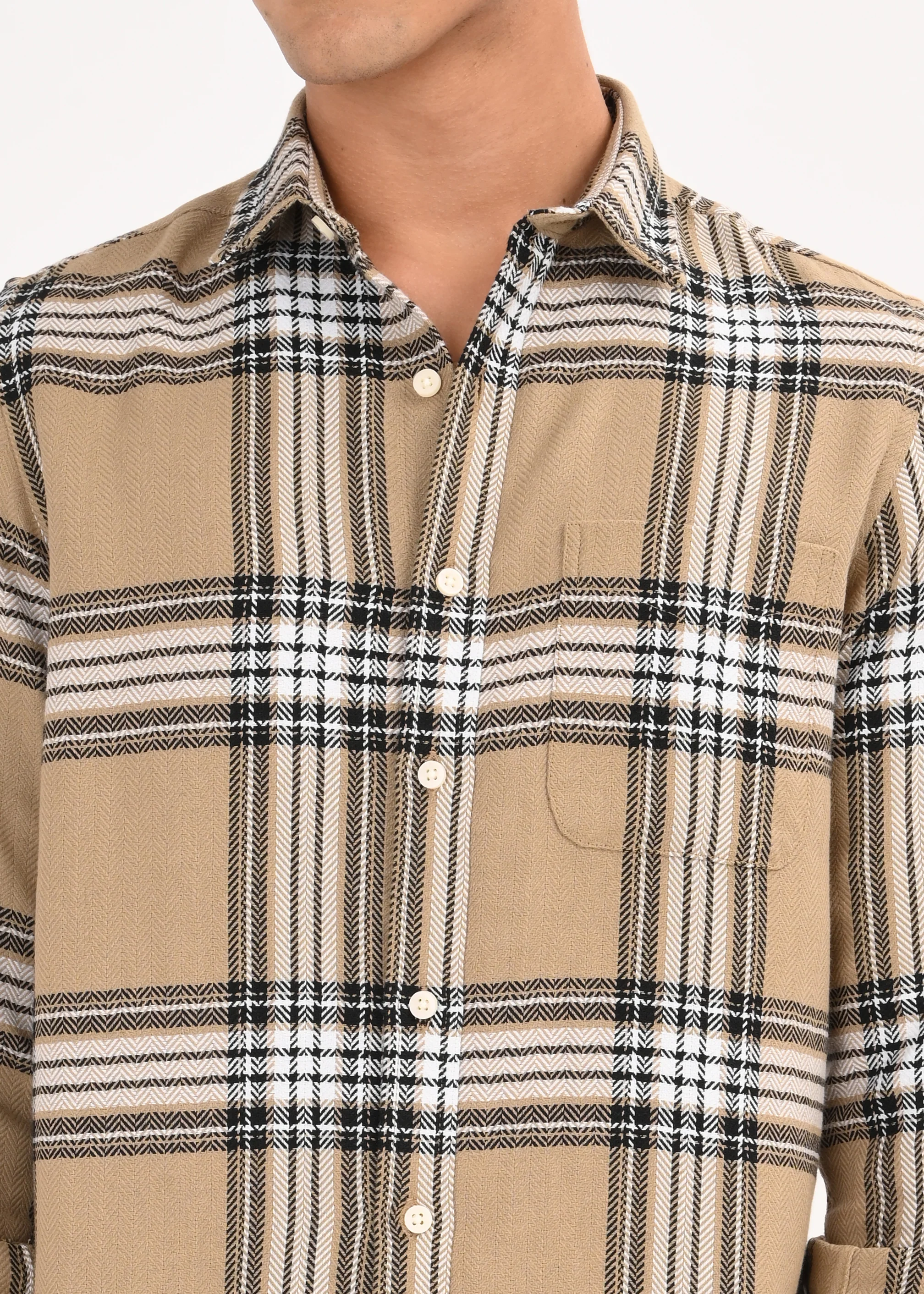 Men Khaki Herringbone Checked Shirt - Image 6