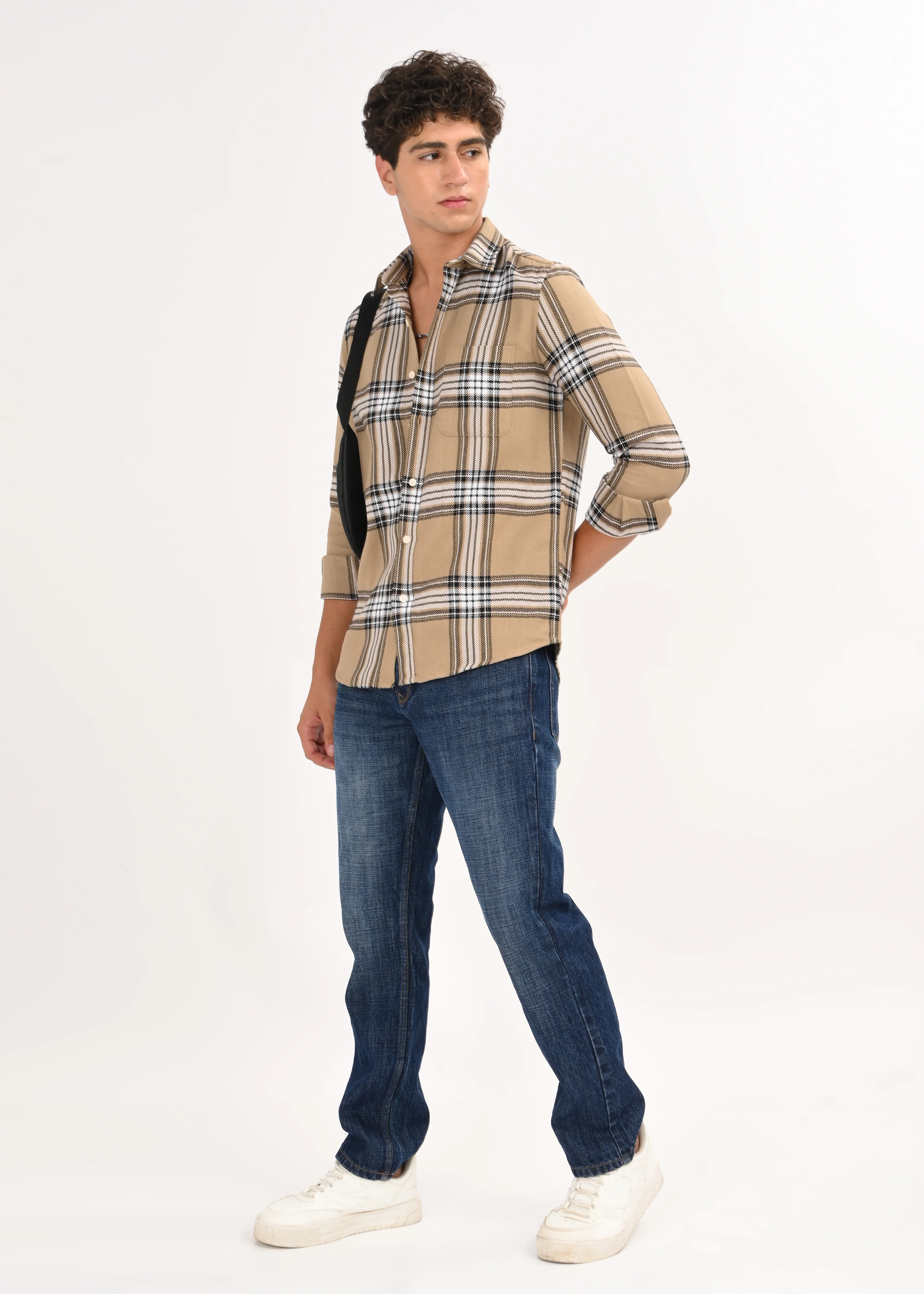 Men Khaki Herringbone Checked Shirt - Image 7