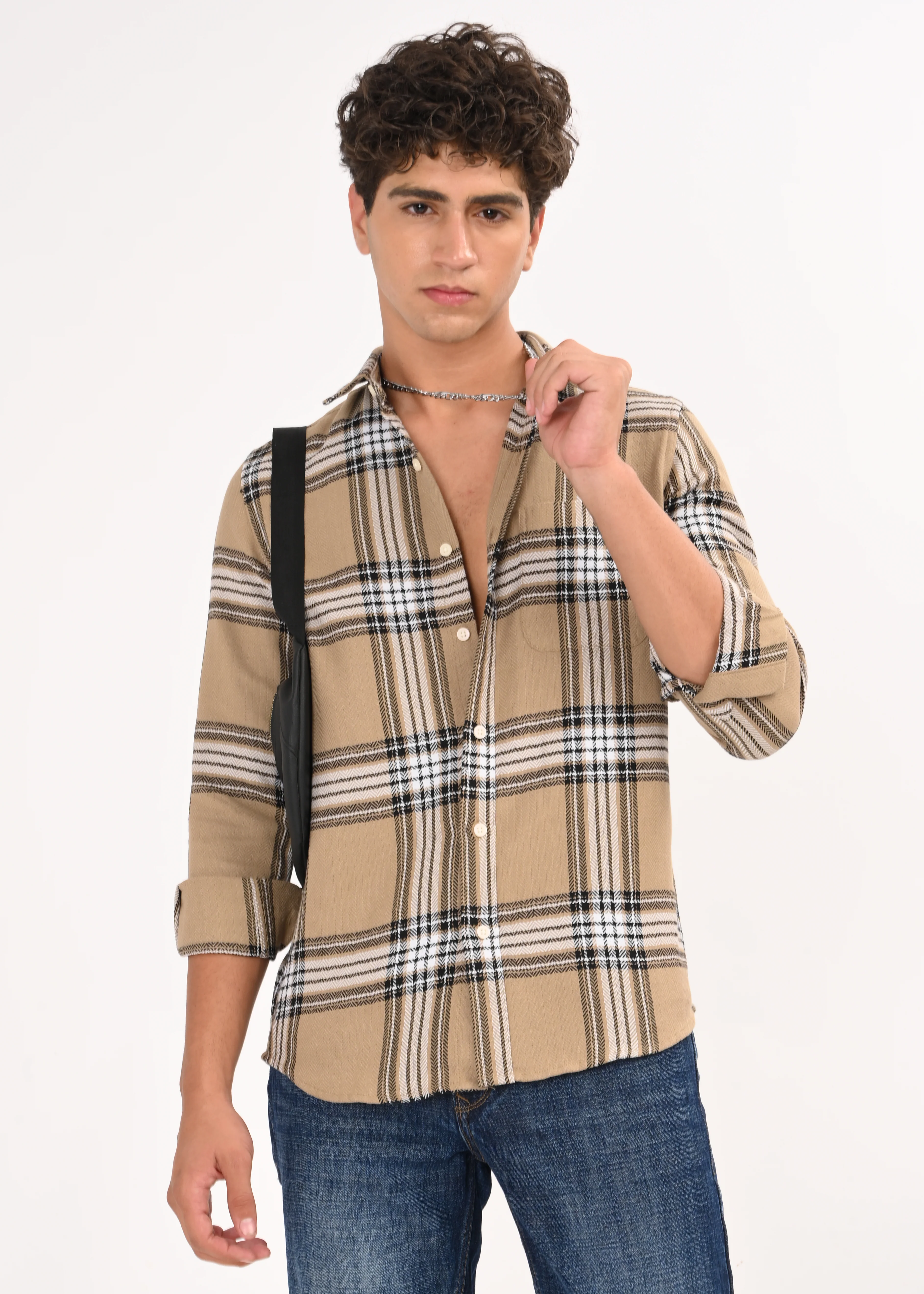 Men Khaki Herringbone Checked Shirt - Image 8