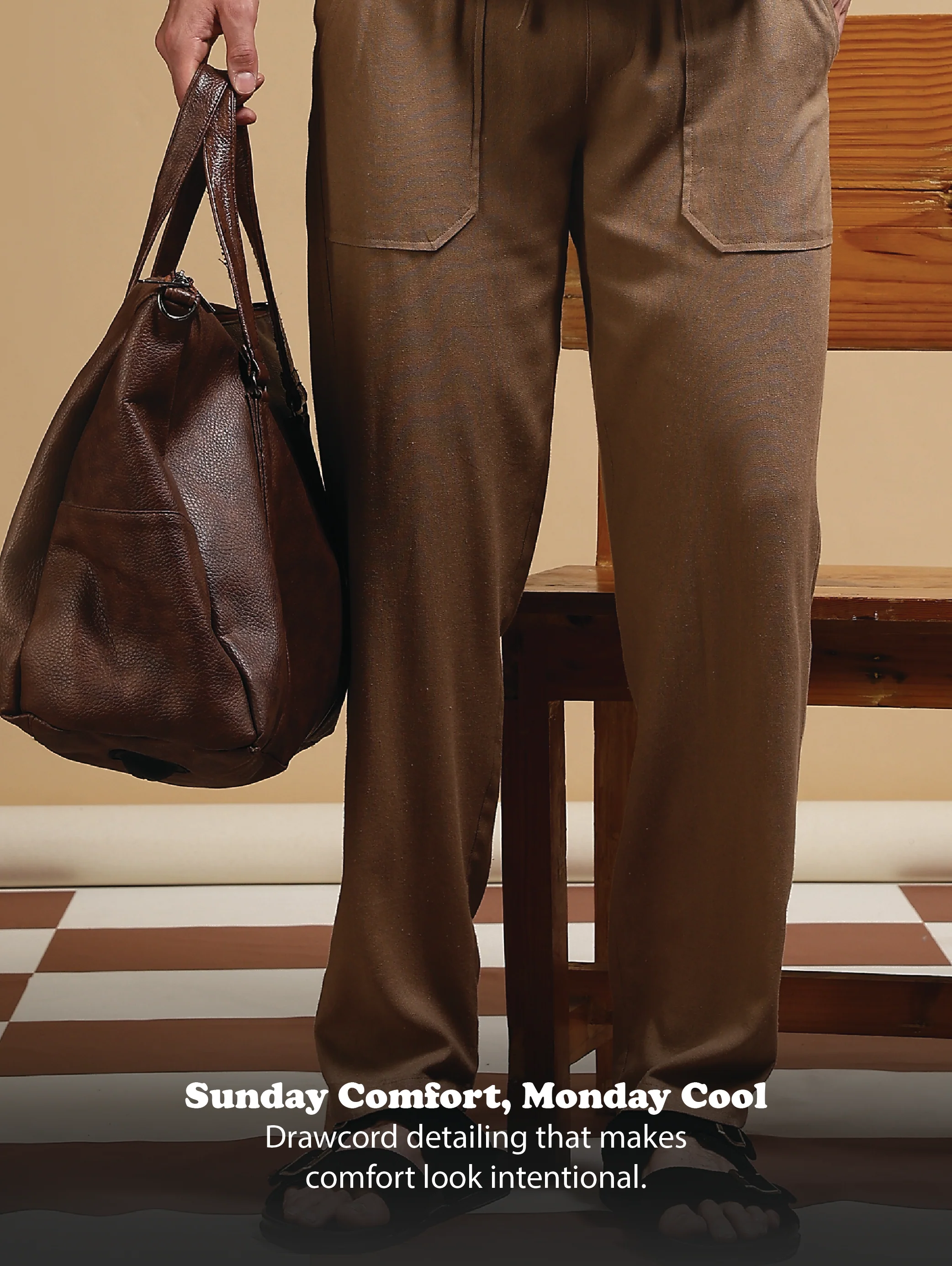 Men Khaki Linen Blend Loose Fit Drawcord Trousers - Image 12