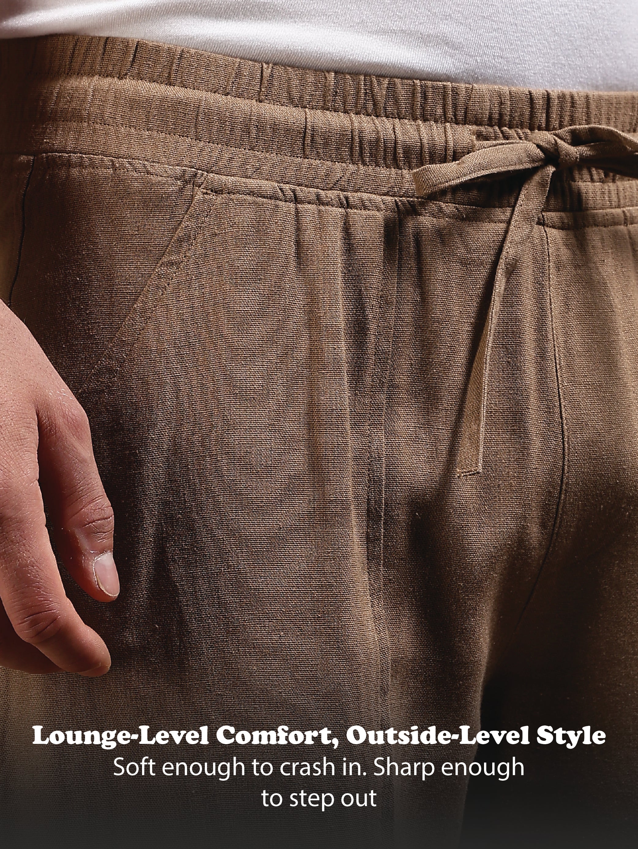 Men Khaki Linen Blend Loose Fit Drawcord Trousers - Image 13