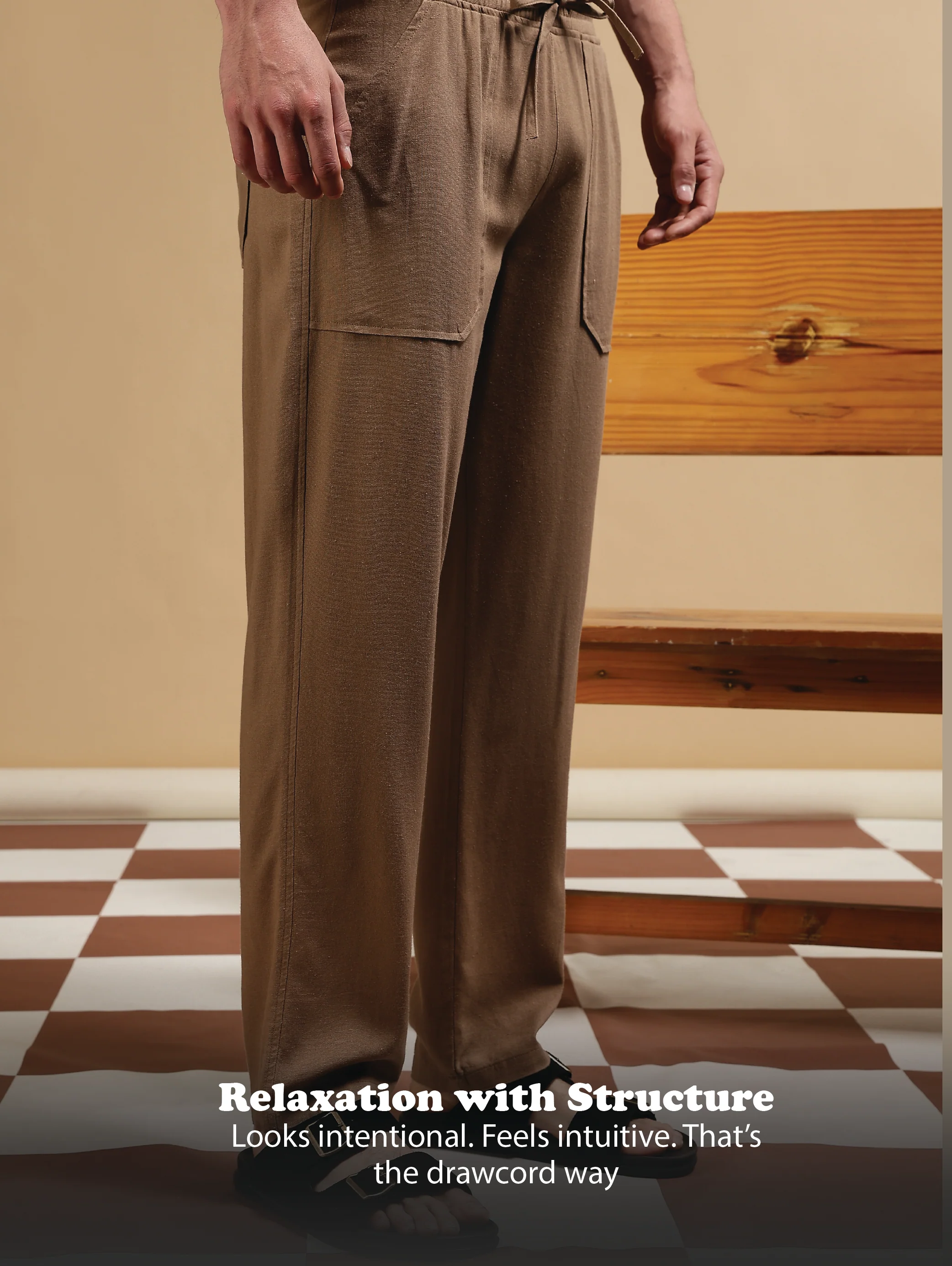 Men Khaki Linen Blend Loose Fit Drawcord Trousers - Image 14