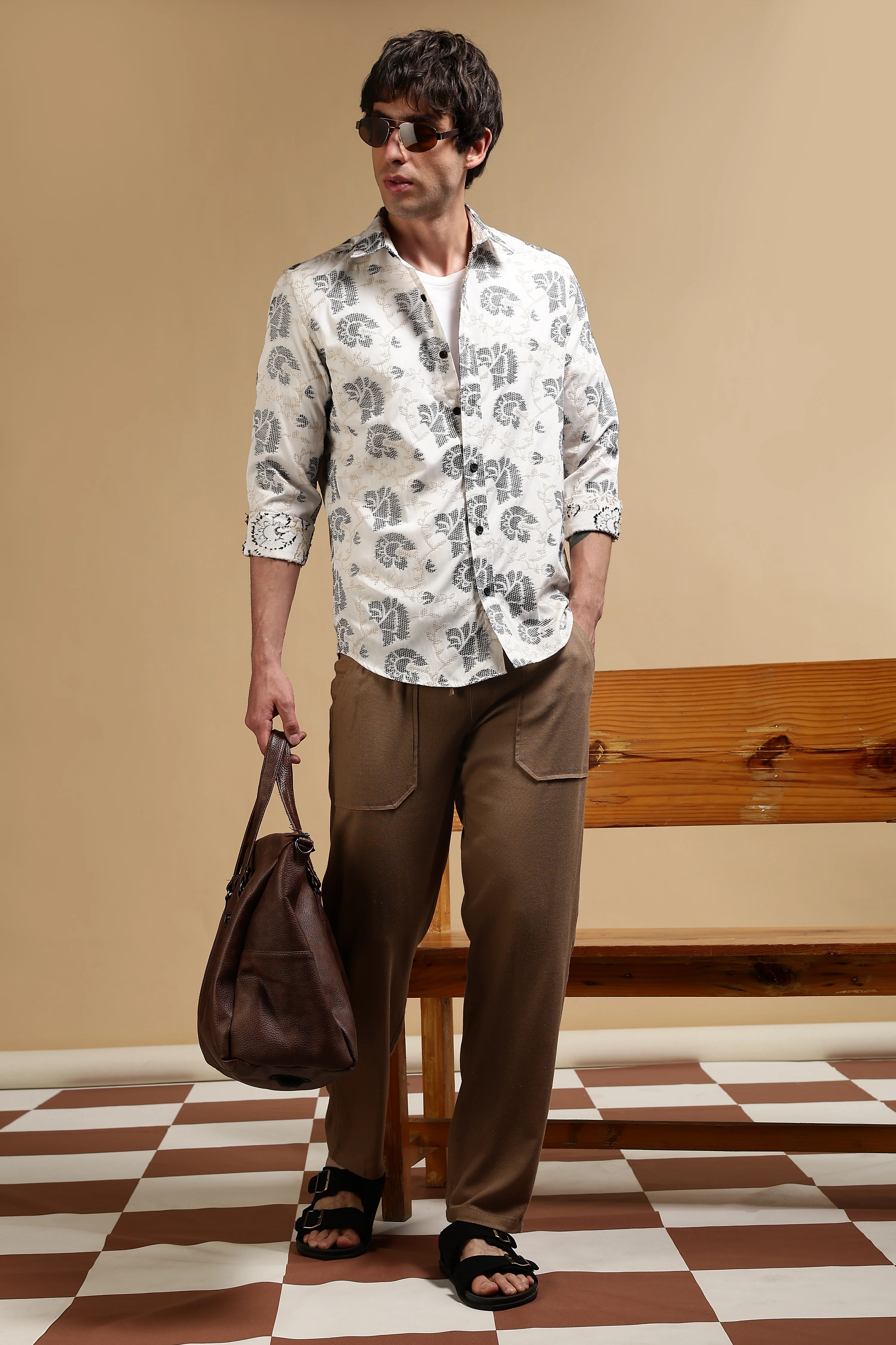 Men Khaki Linen Blend Loose Fit Drawcord Trousers - Image 2