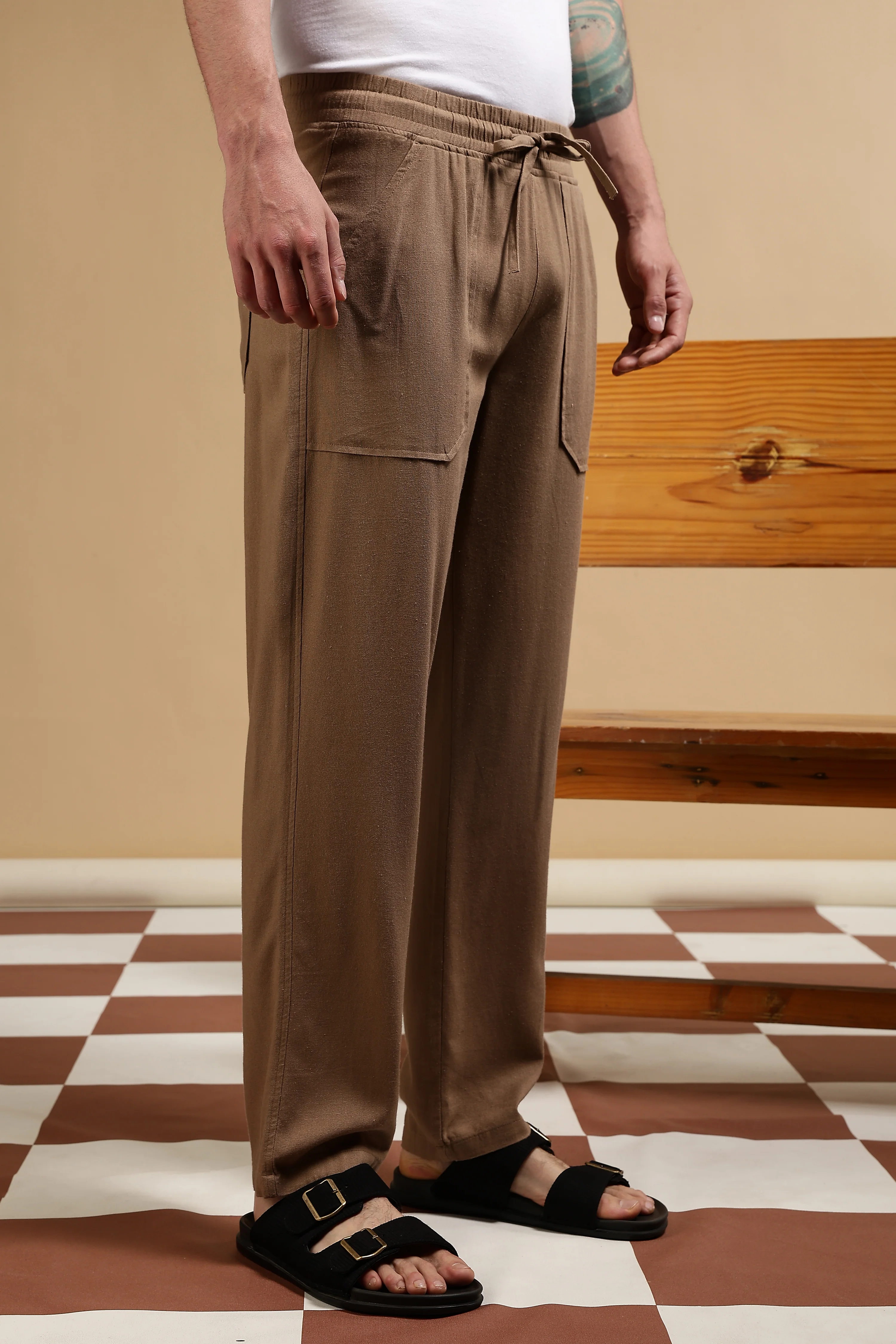 Men Khaki Linen Blend Loose Fit Drawcord Trousers - Image 3