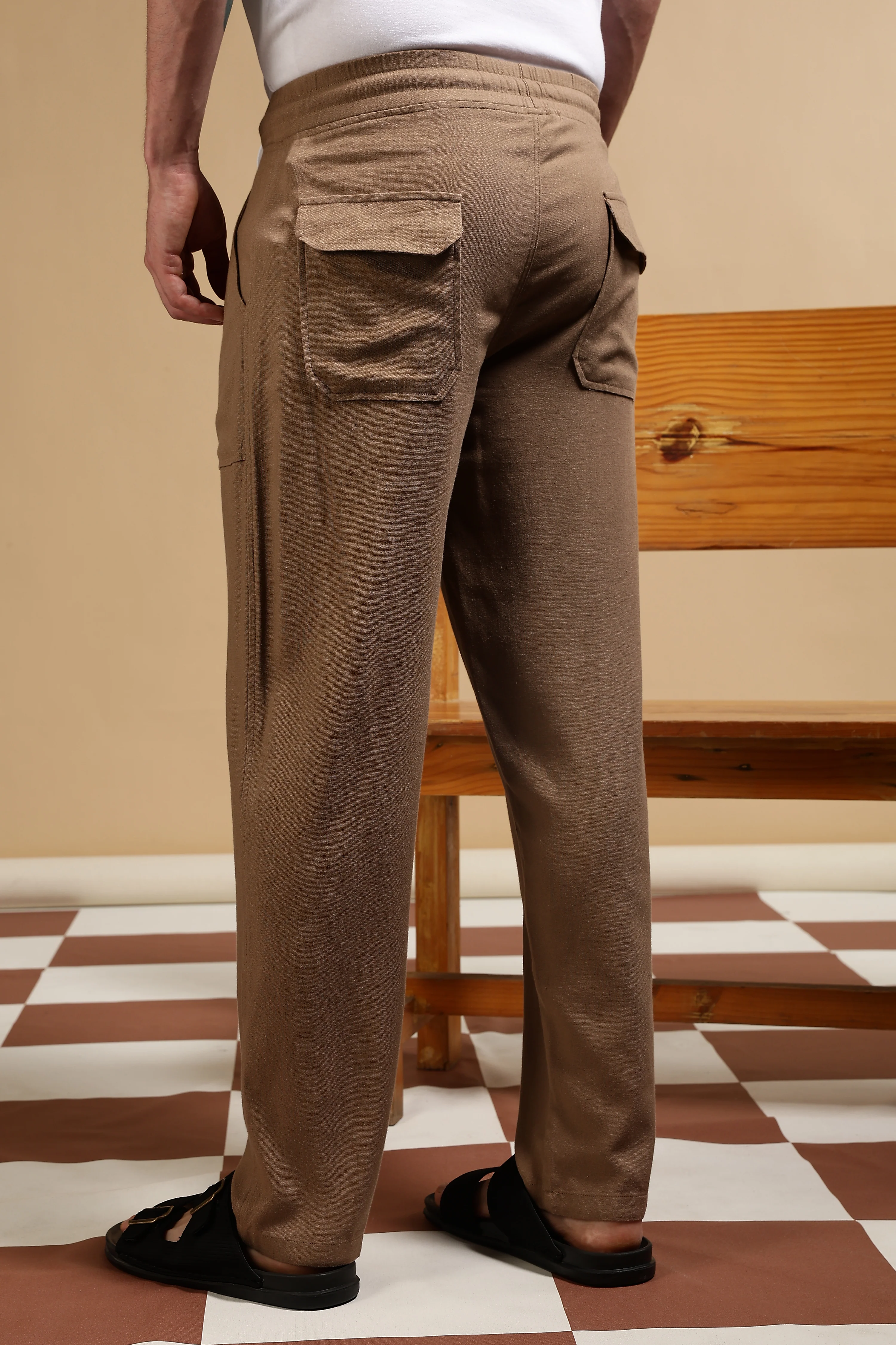 Men Khaki Linen Blend Loose Fit Drawcord Trousers - Image 4