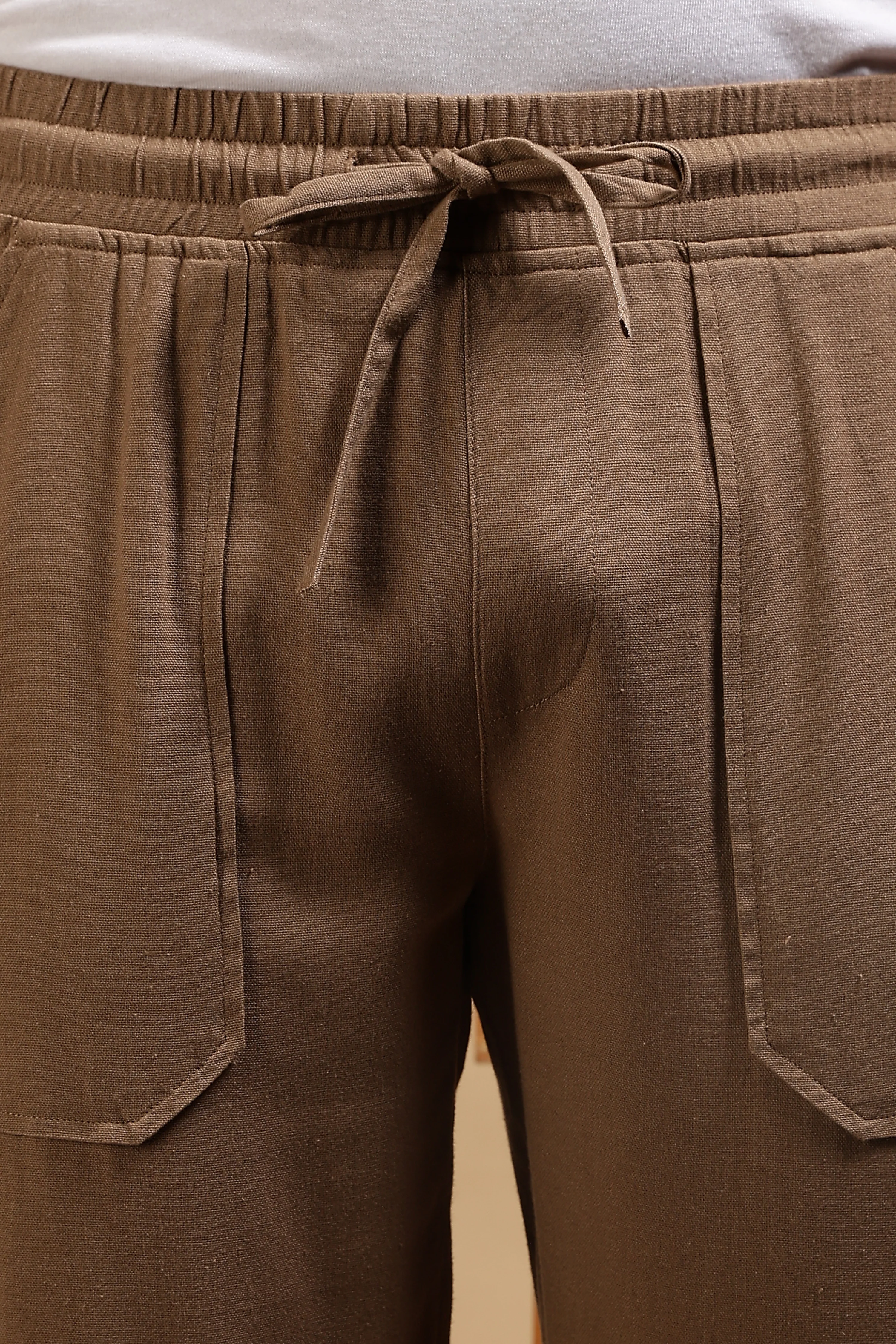 Men Khaki Linen Blend Loose Fit Drawcord Trousers - Image 7