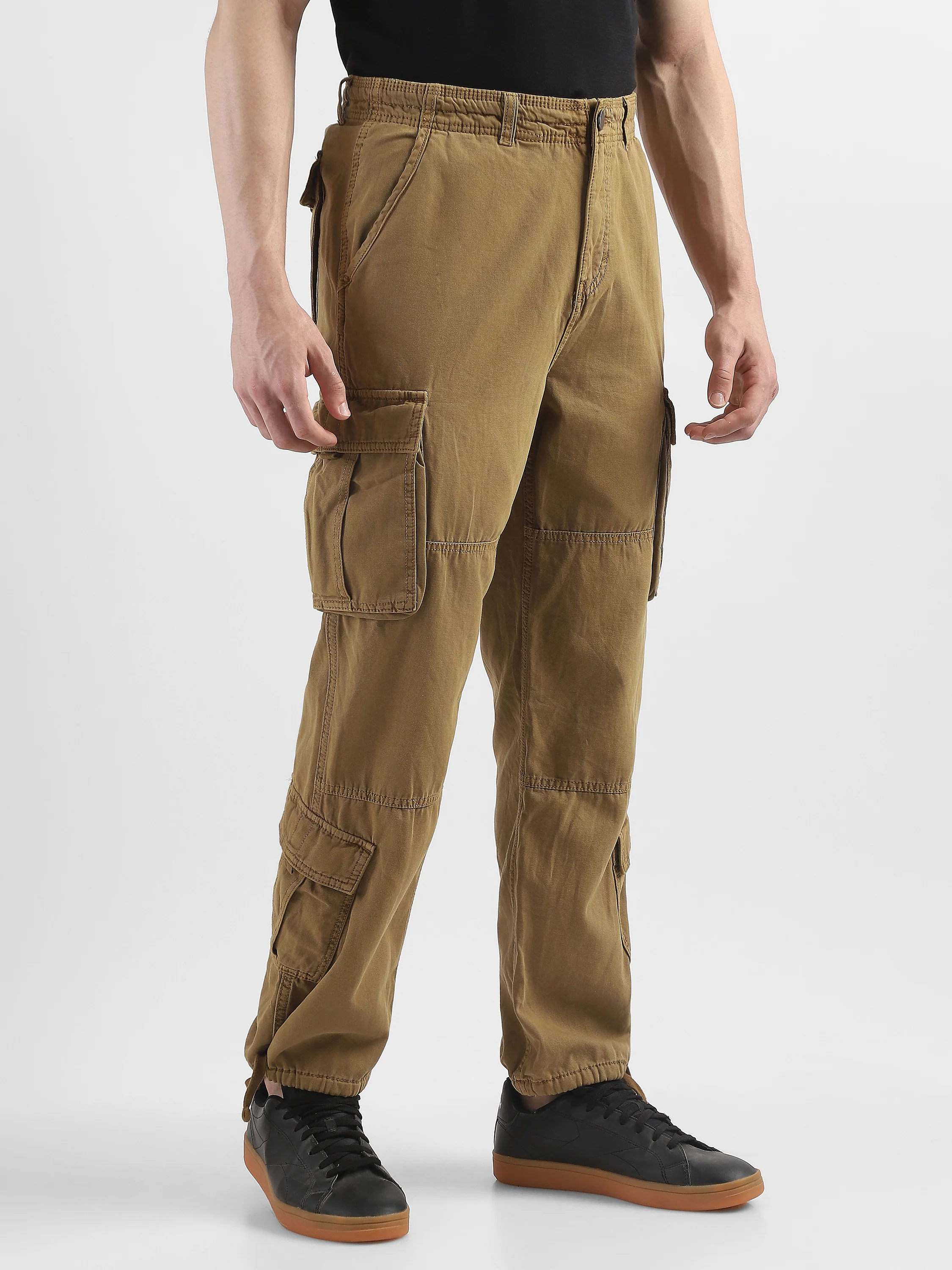 Men Khaki Cotton Blend Cargo Pants with 8 Pockets - Image 2