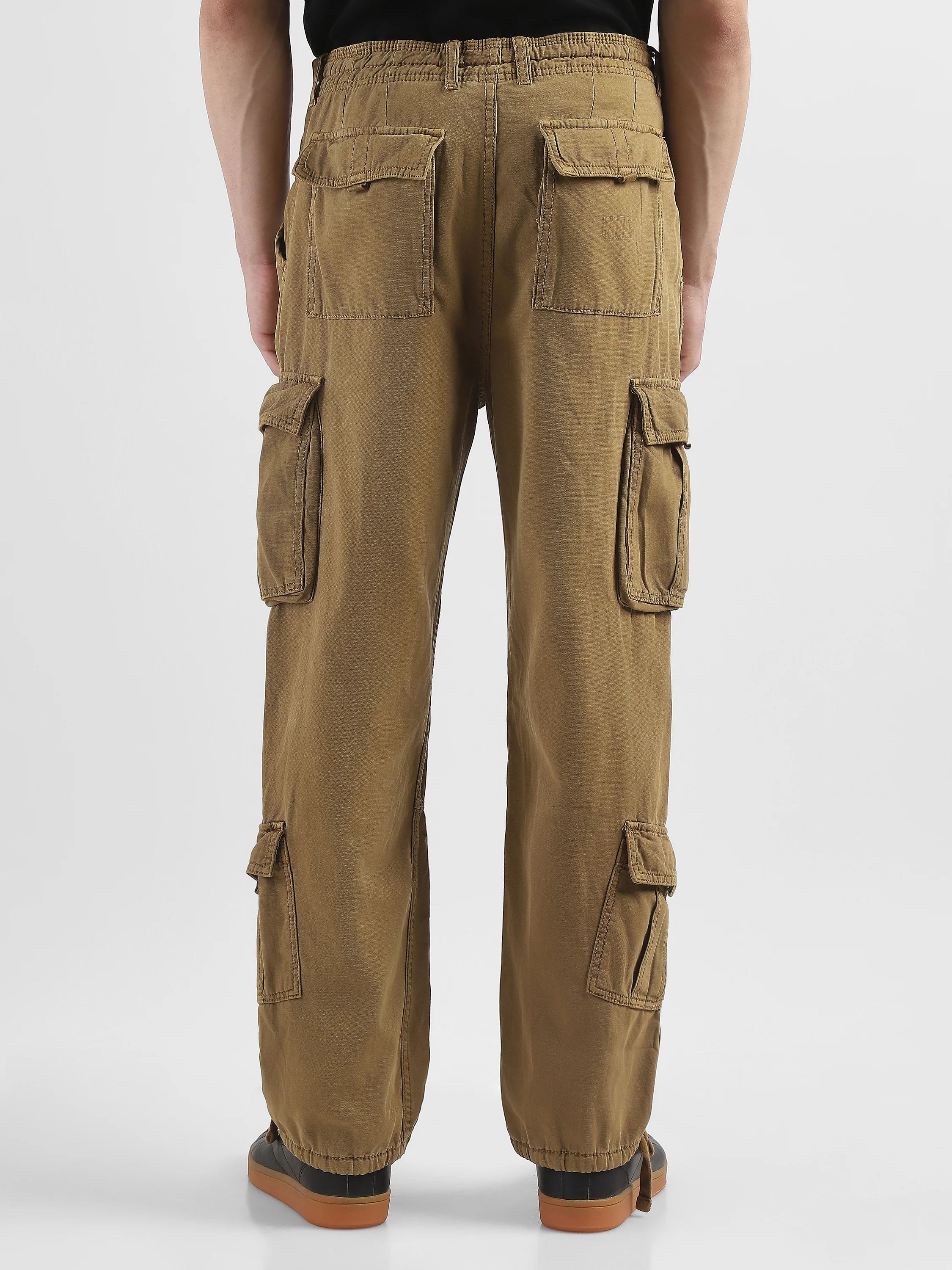 Men Khaki Cotton Blend Cargo Pants with 8 Pockets - Image 4