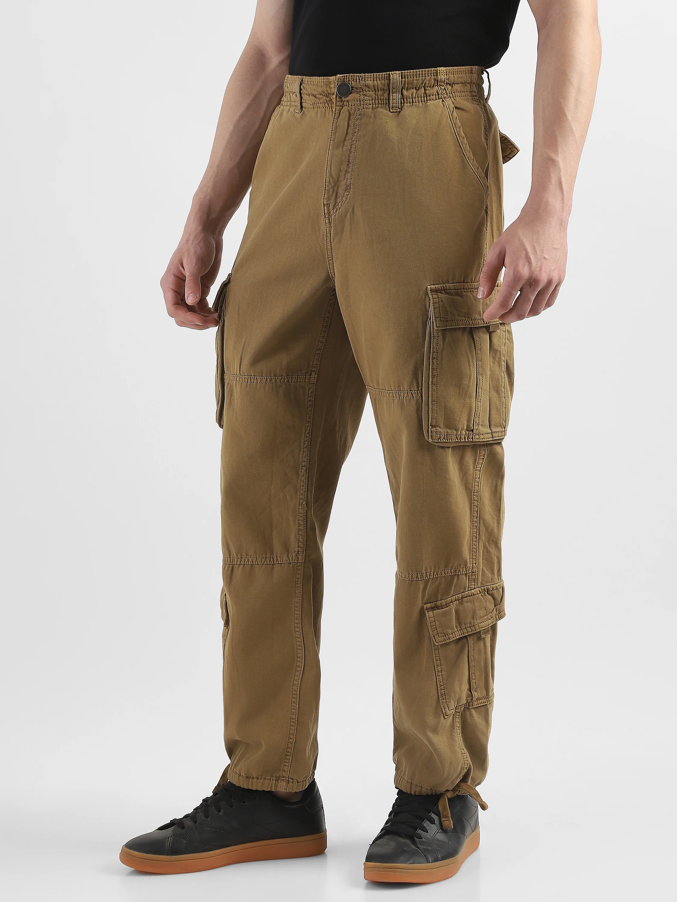 Men Khaki Cotton Blend Cargo Pants with 8 Pockets - Image 5