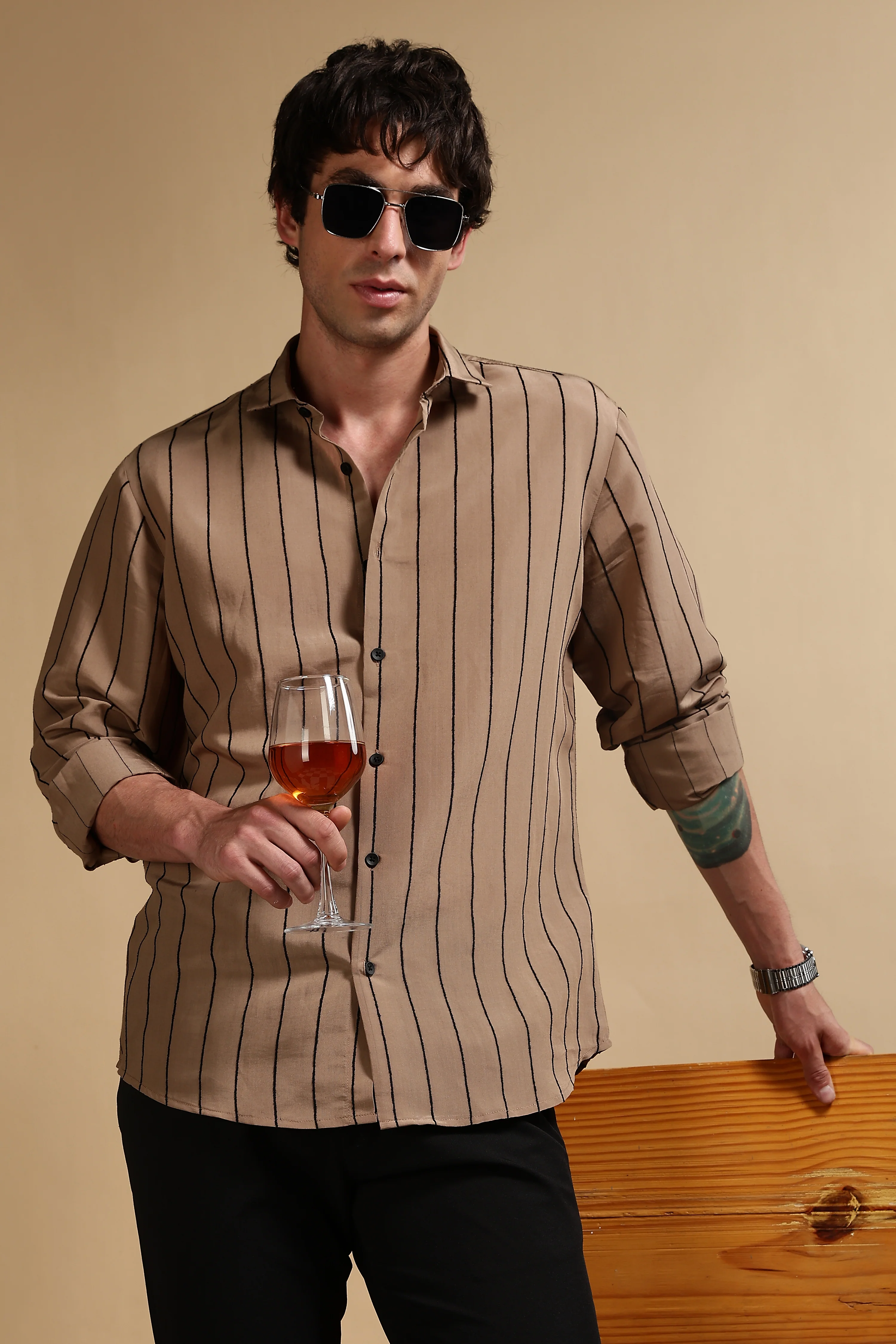 Men Khaki Nylon Slim Fit Striped Shirt - Image 10