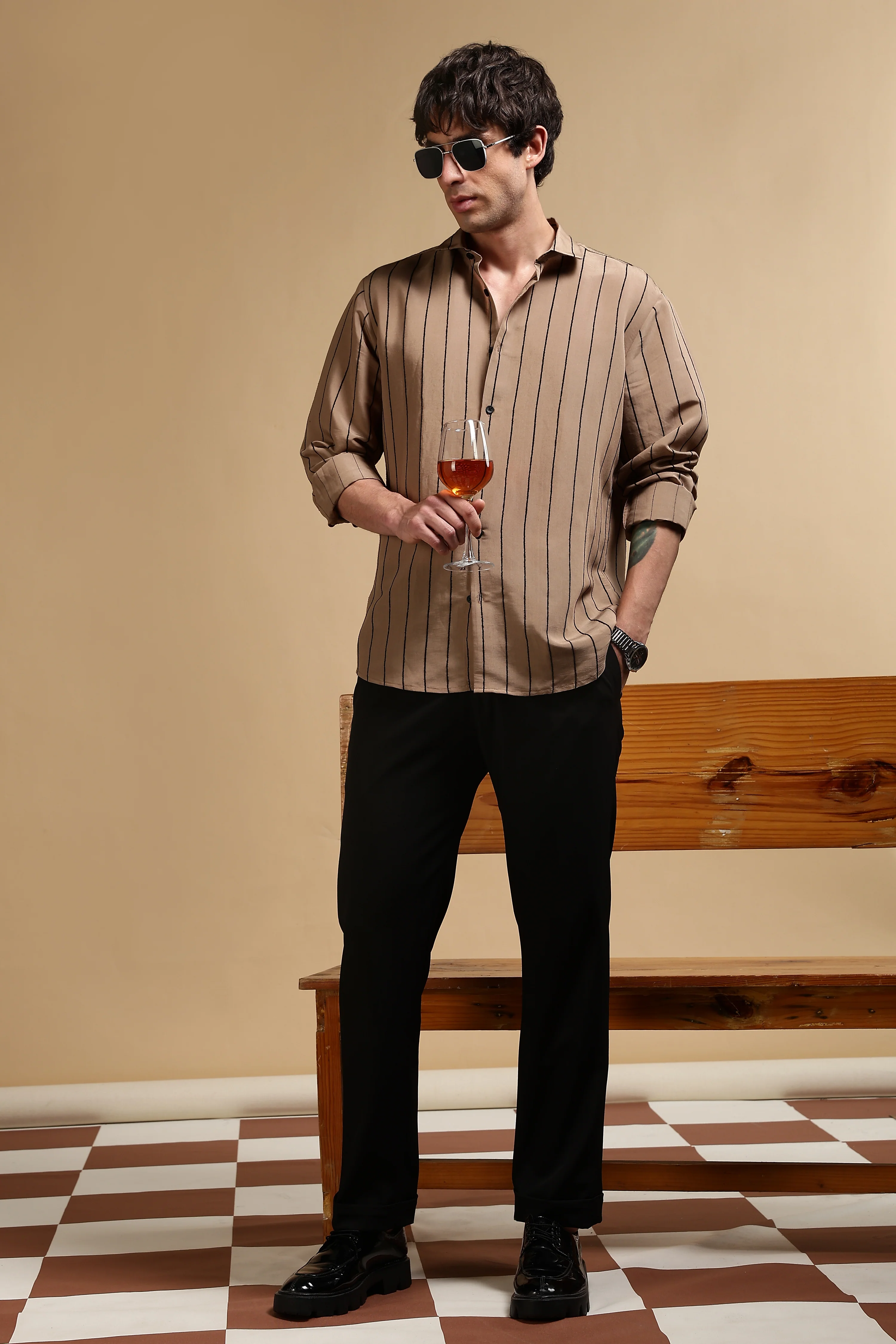 Men Khaki Nylon Slim Fit Striped Shirt - Image 2