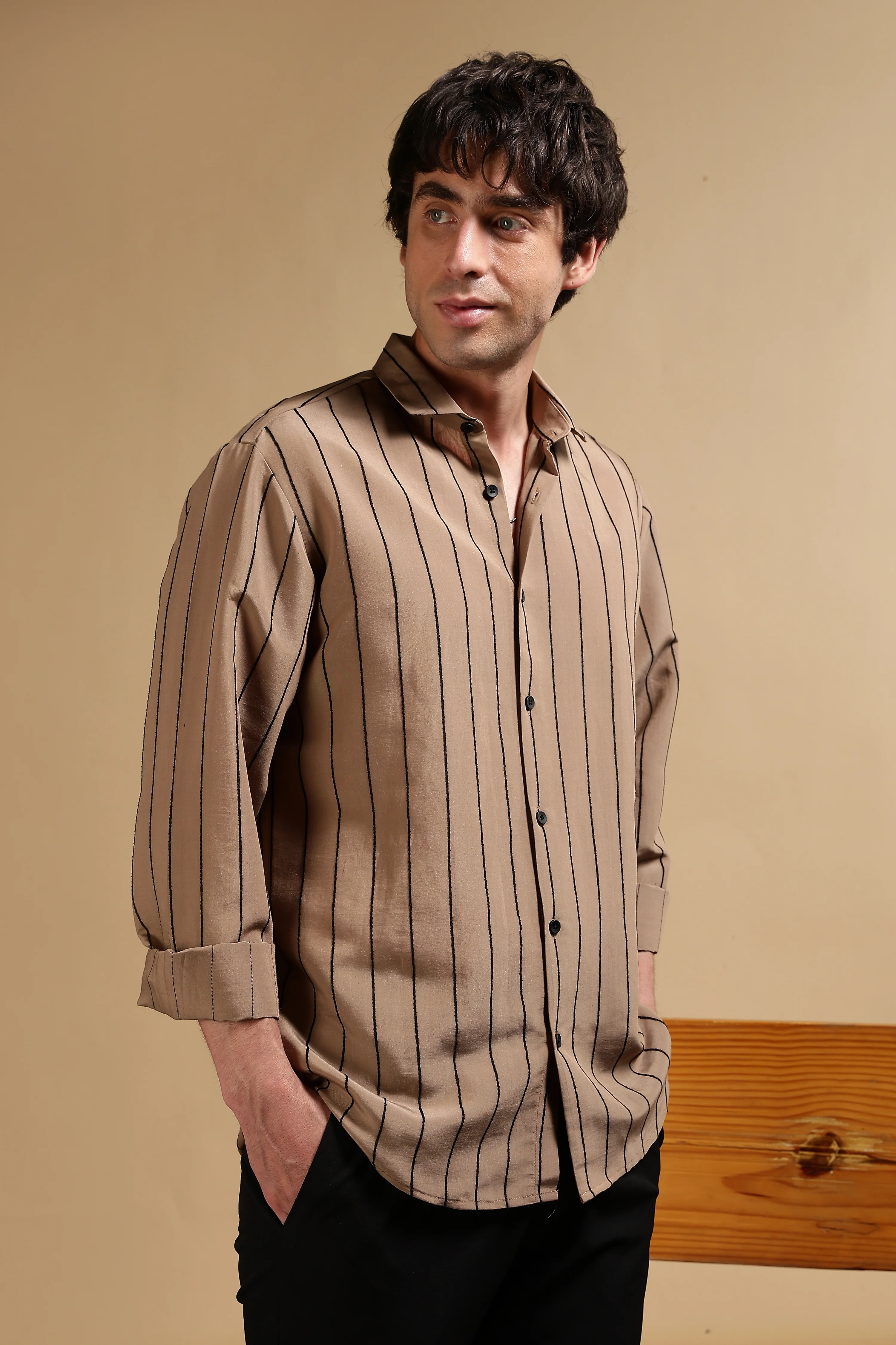 Men Khaki Nylon Slim Fit Striped Shirt - Image 3