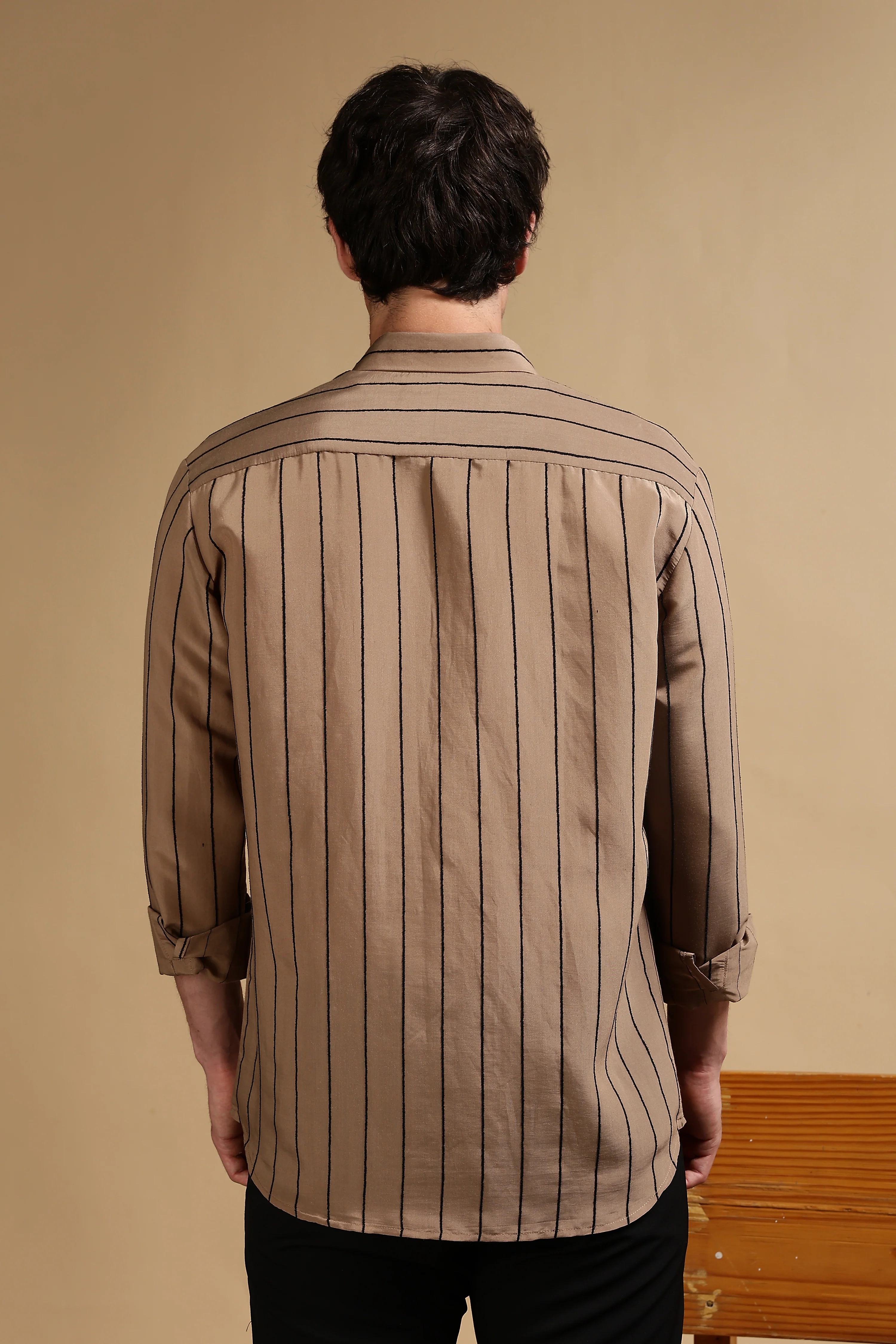Men Khaki Nylon Slim Fit Striped Shirt - Image 4