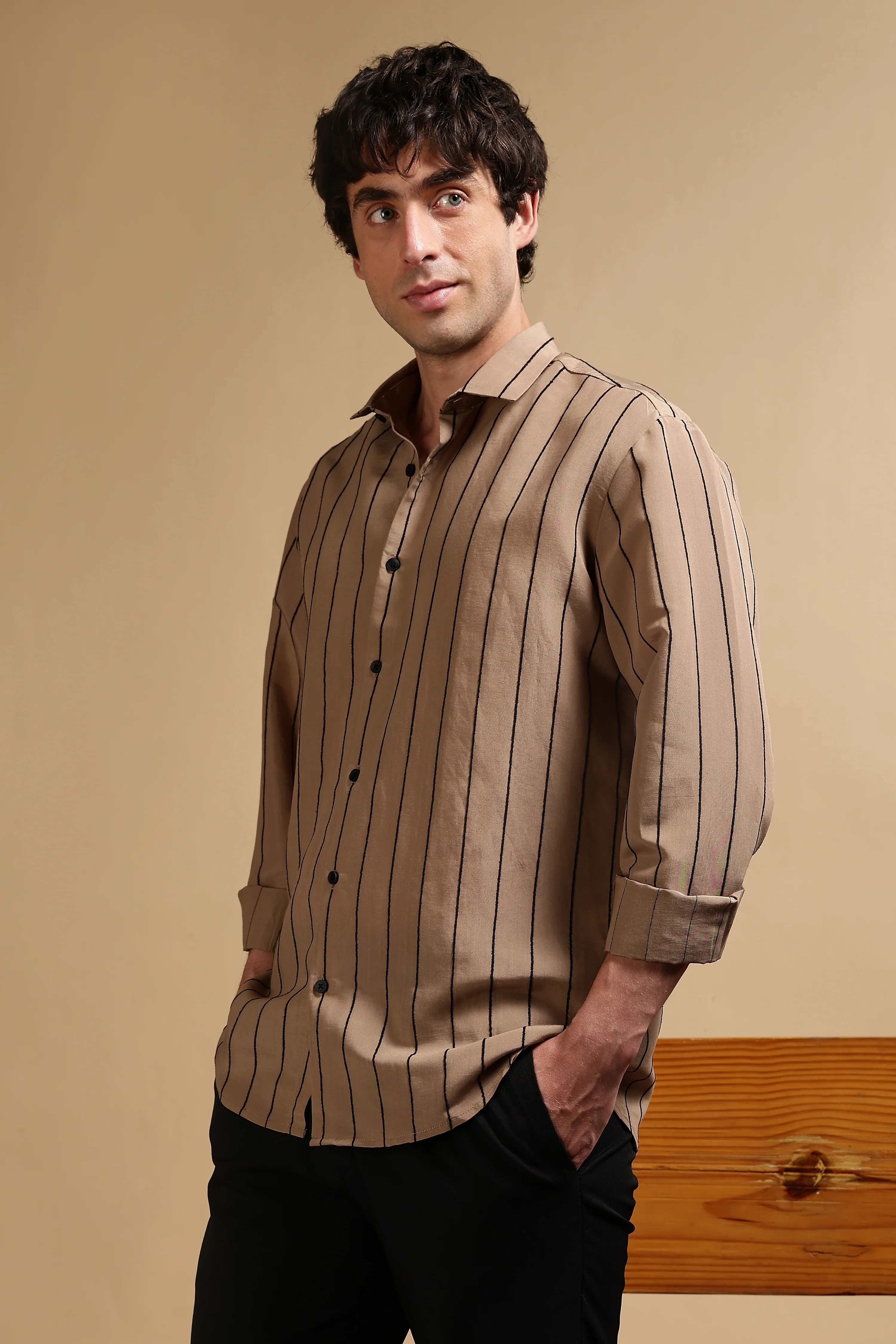 Men Khaki Nylon Slim Fit Striped Shirt - Image 5