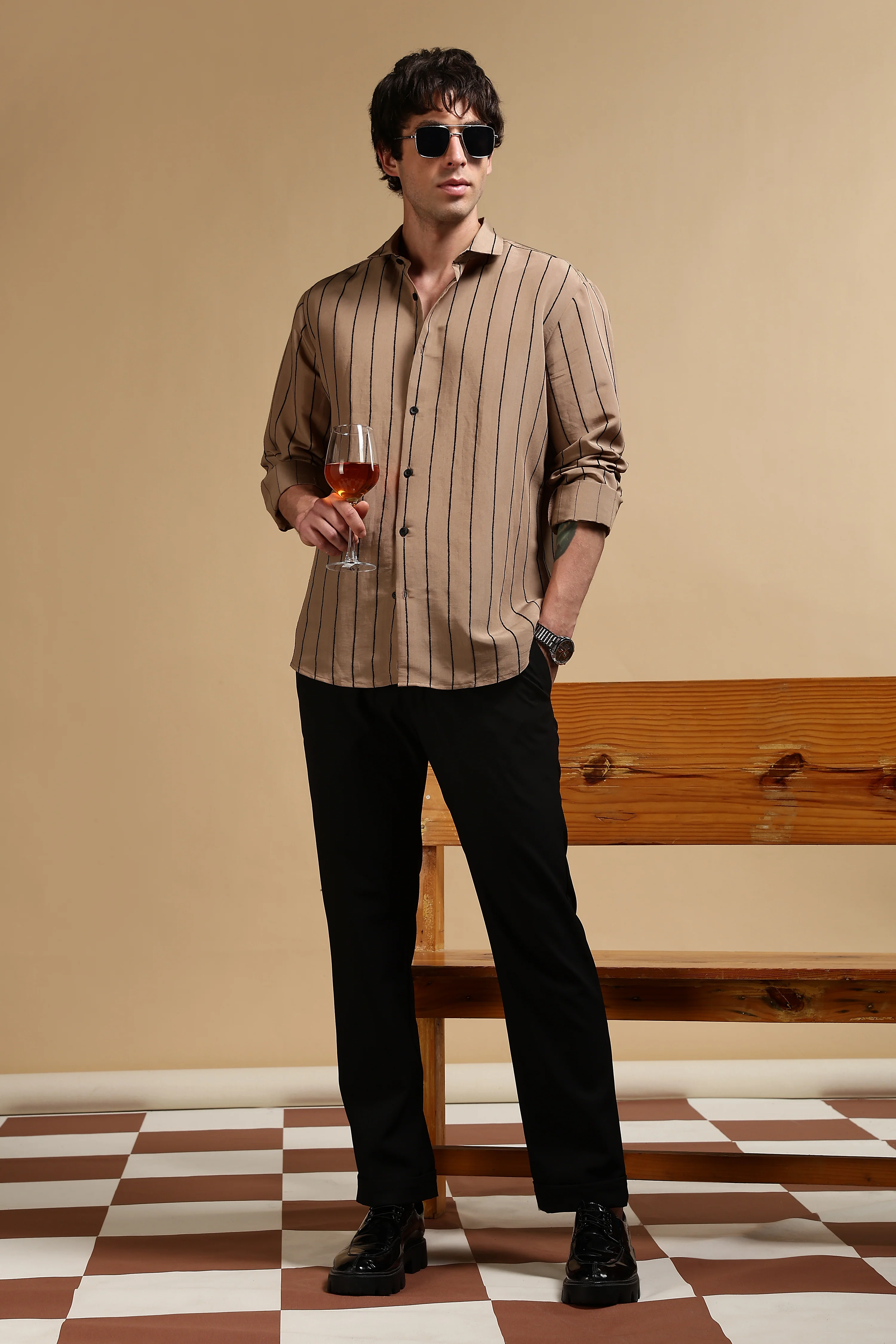 Men Khaki Nylon Slim Fit Striped Shirt - Image 8