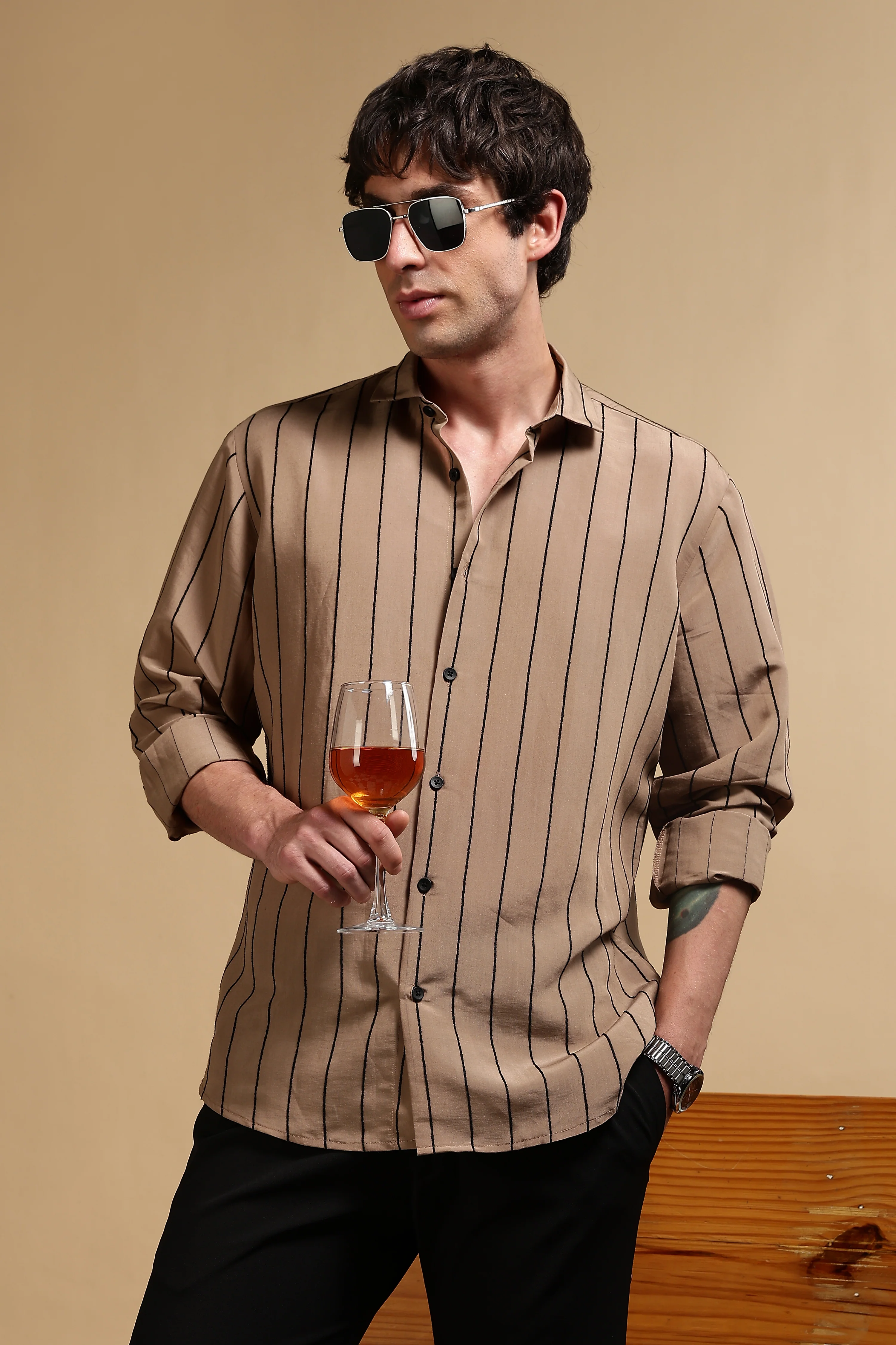 Men Khaki Nylon Slim Fit Striped Shirt - Image 9