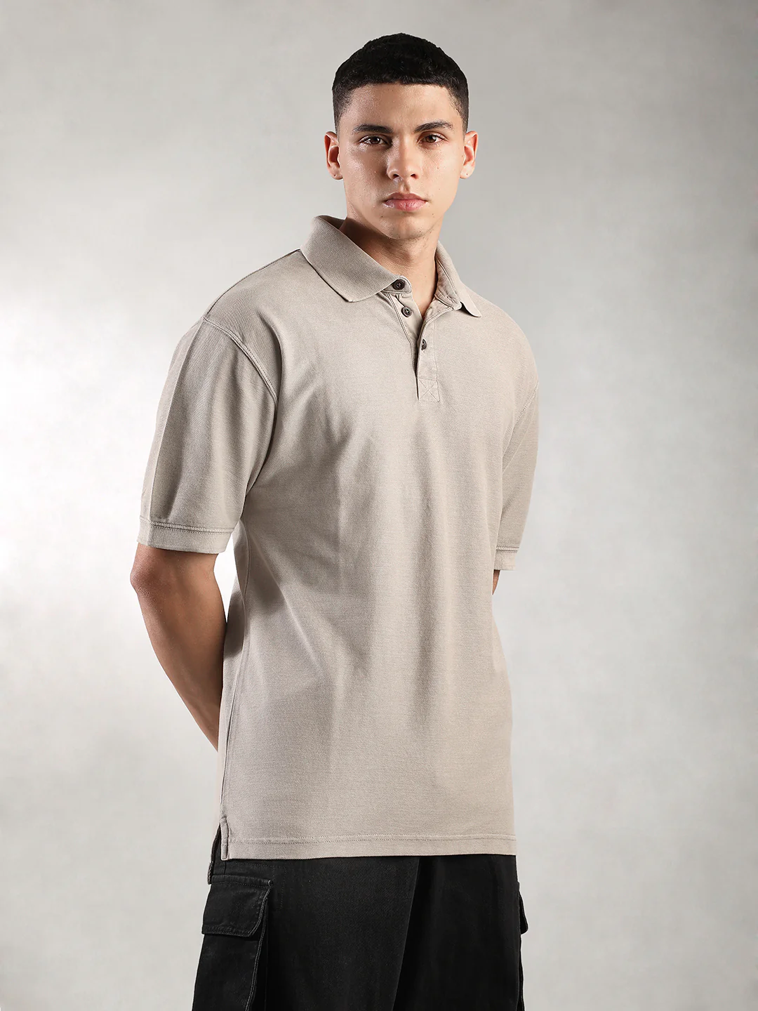 Men Khaki Drop Shoulder Oversize Polo T-Shirt - Image 3