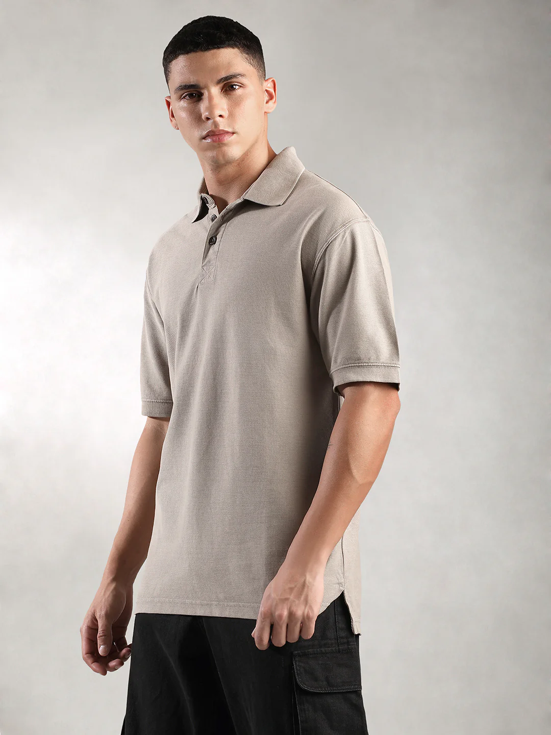 Men Khaki Drop Shoulder Oversize Polo T-Shirt - Image 6