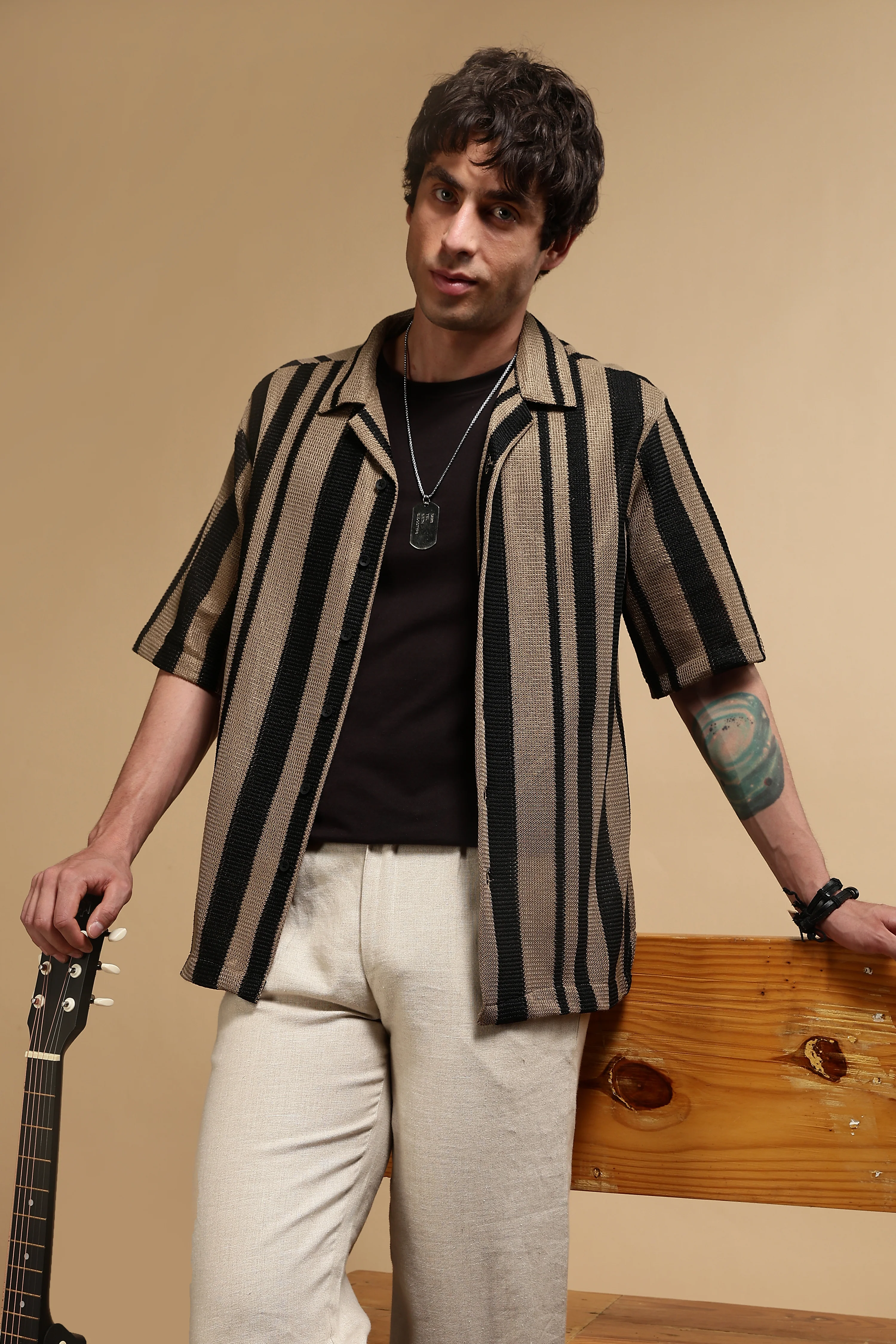 Men Khaki Relaxed Fit Striped Shirt - Image 10