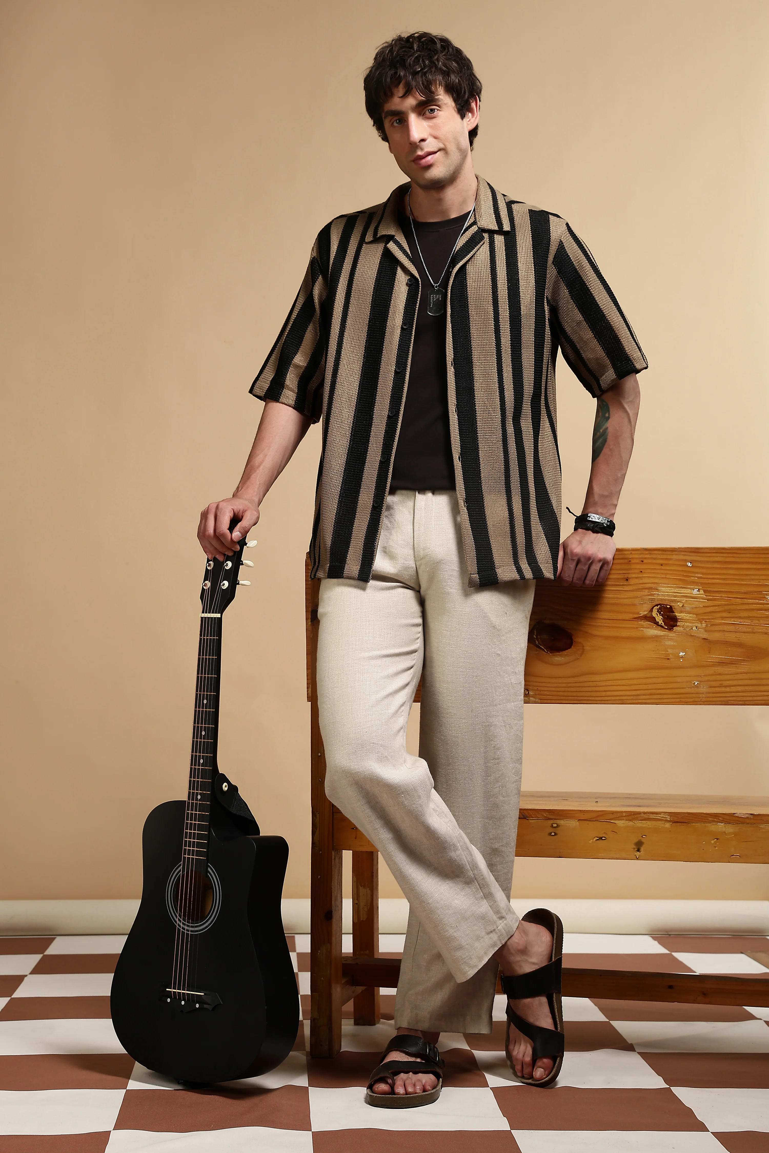 Men Khaki Relaxed Fit Striped Shirt - Image 2