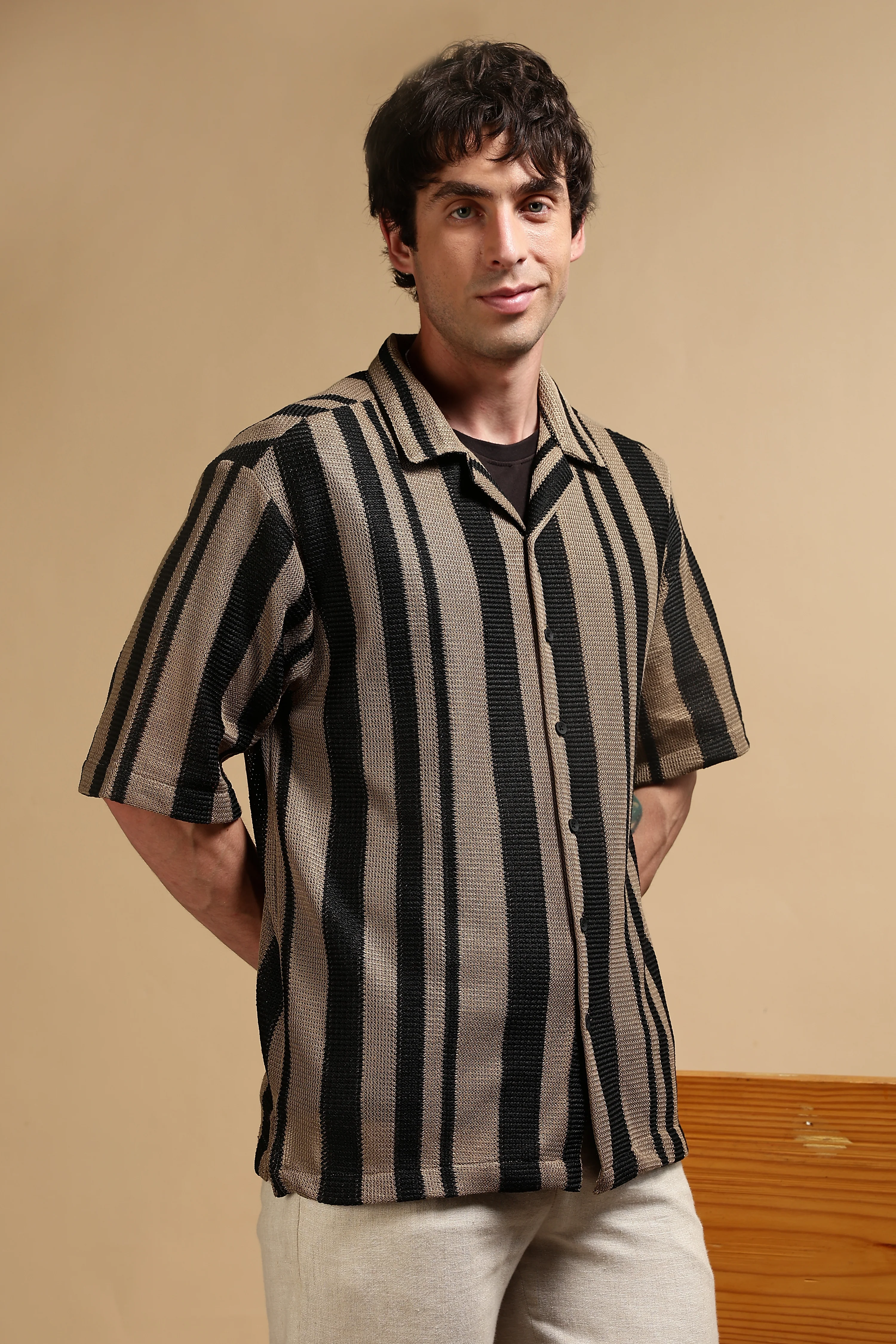 Men Khaki Relaxed Fit Striped Shirt - Image 3