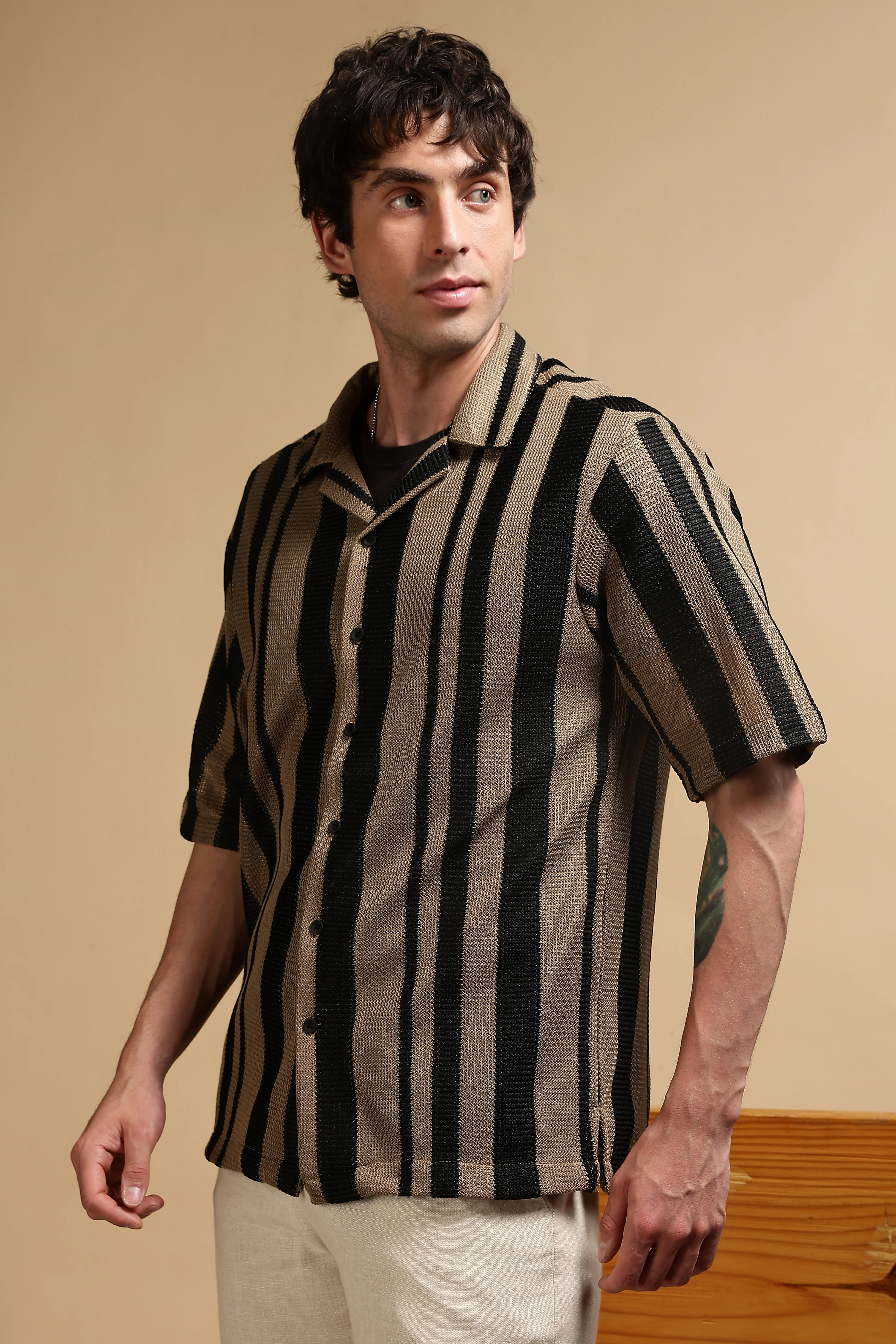 Men Khaki Relaxed Fit Striped Shirt - Image 5