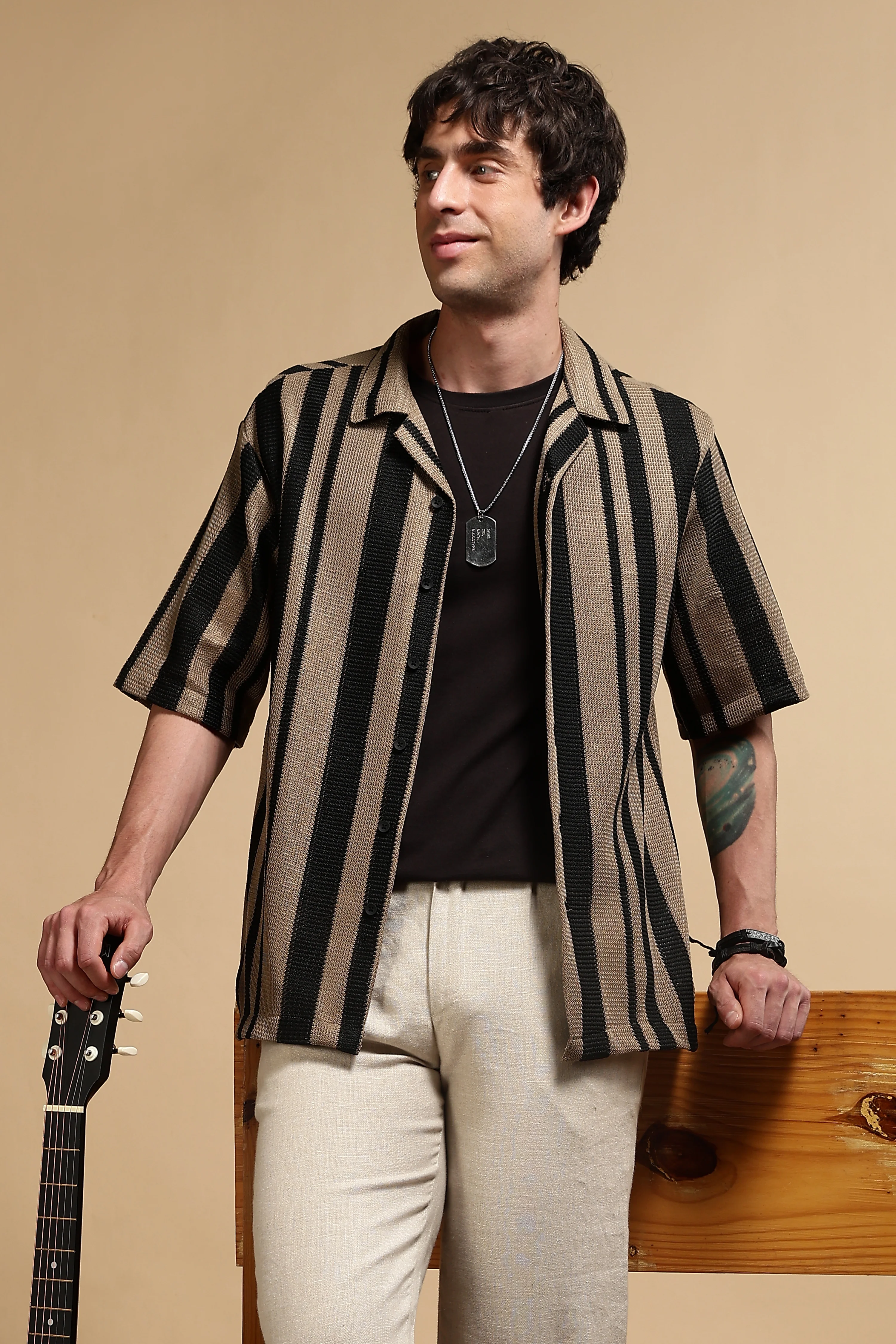 Men Khaki Relaxed Fit Striped Shirt - Image 8